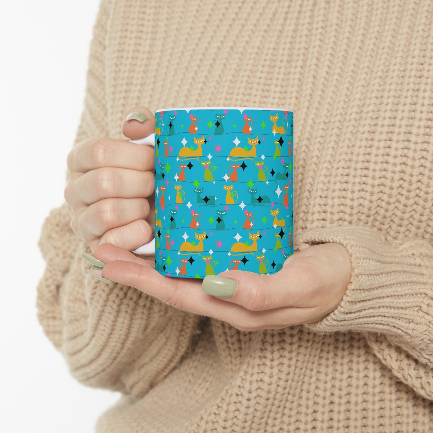 Atomic Kitty Multi Midcentury Modern Cat Pattern Hot Beverage Coffee Tea Decorative Ceramic Mug 11oz