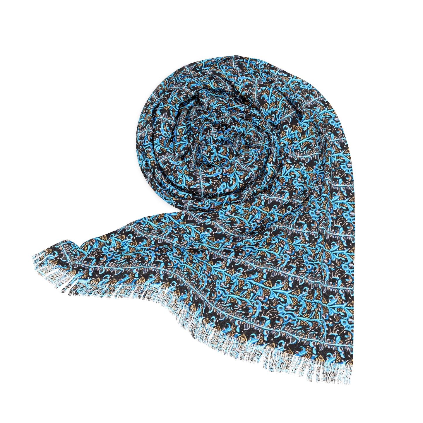 Coast of Mauritius Cloth Pattern Blue Turquoise Batik Fashion Light Scarf with Fringe