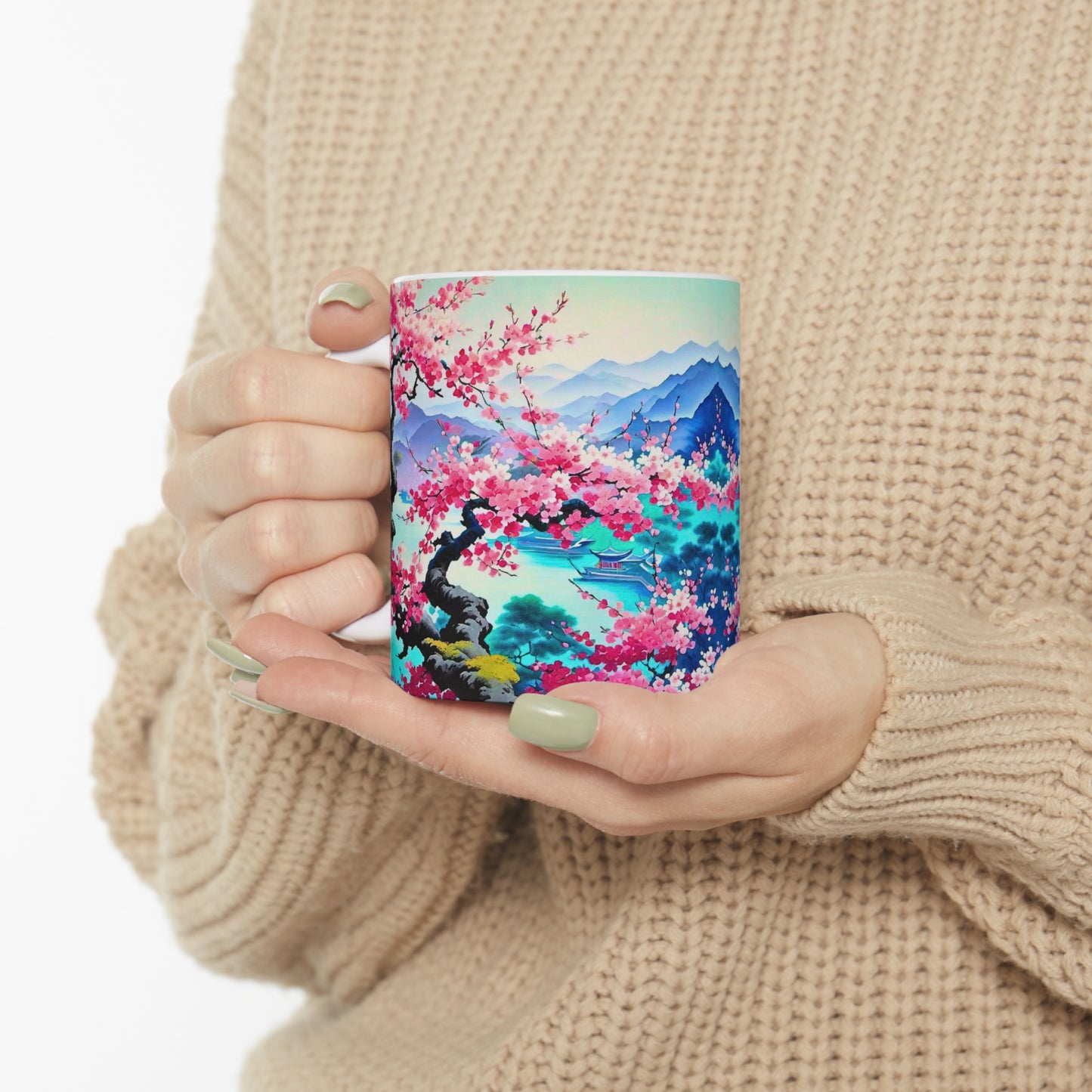 Japanese Mist Cherry Blossom Tree Dream Landscape Asian Hot Cold Coffee Tee Beverage Entertaining Home Decor Ceramic Mug 11oz