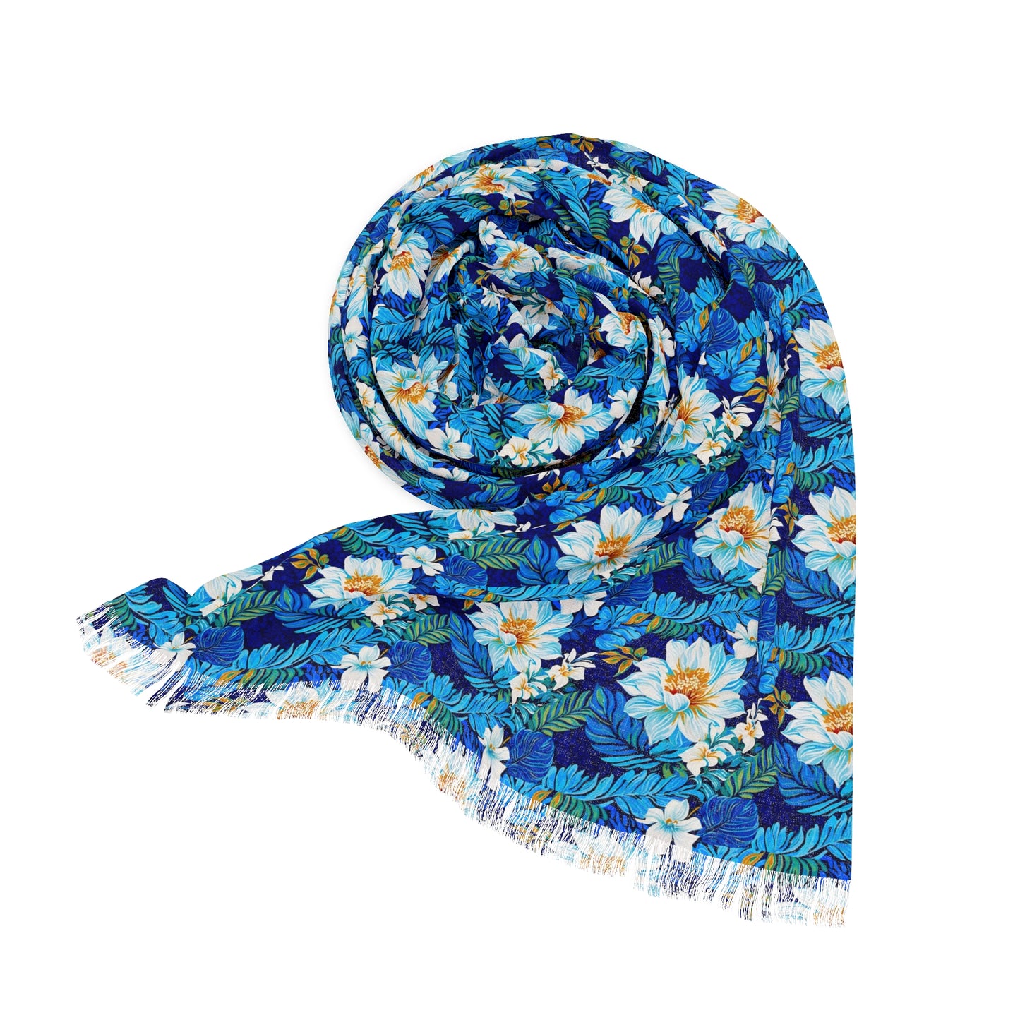 Hawaiian White Orchid Tropical Paradise Luau Fashion Light Scarf with Fringe