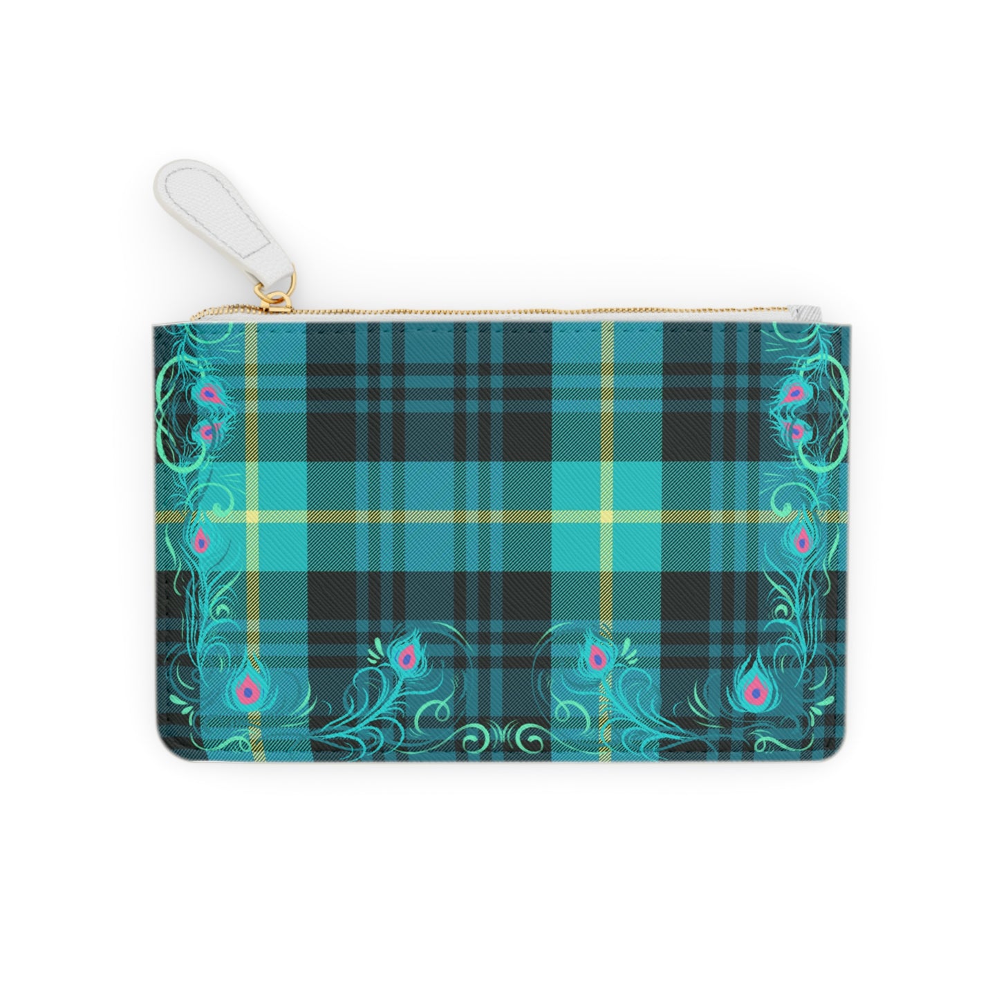 Tartan Plaid Peacock Feather Coin Purse Lipstick Pouch Mini Clutch Bag