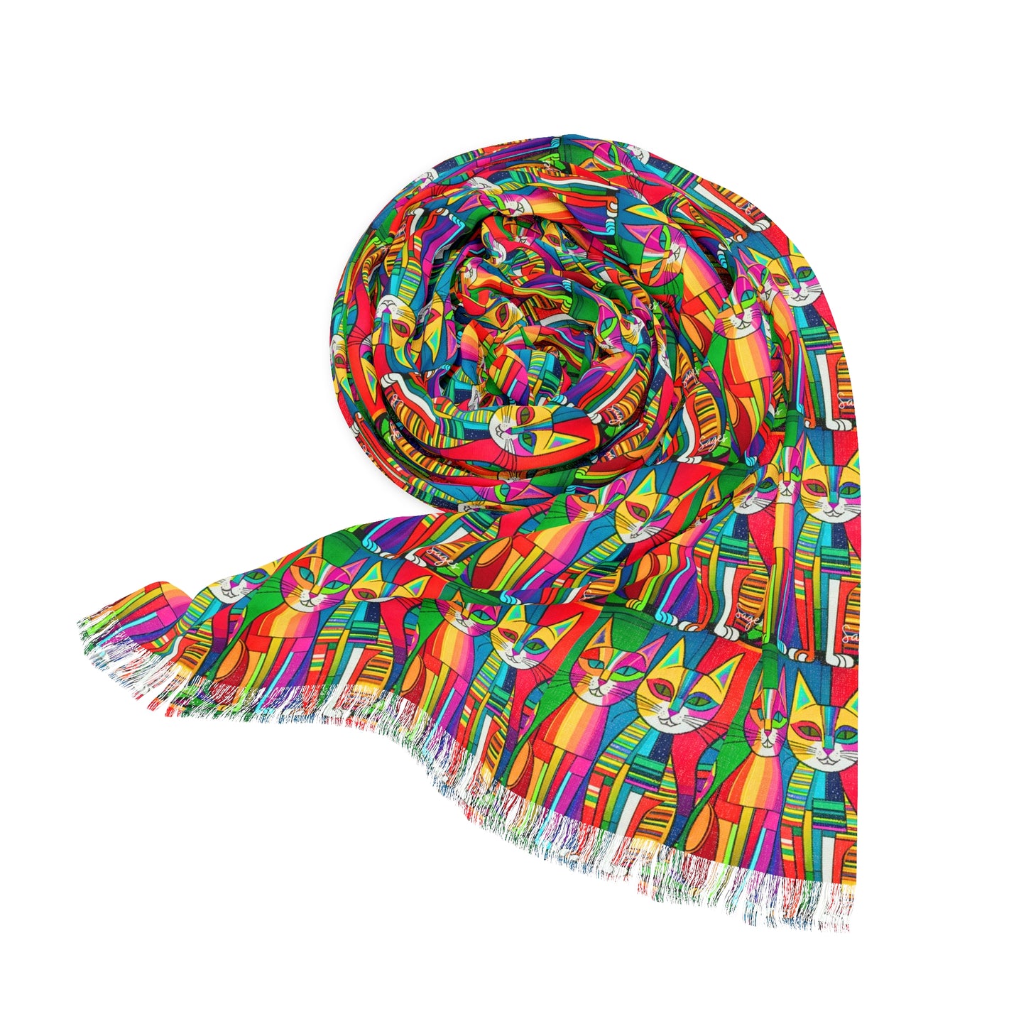 Cubist Cats Neon Midcentury Modern Decorative Fashionista Light Scarf with Fringe