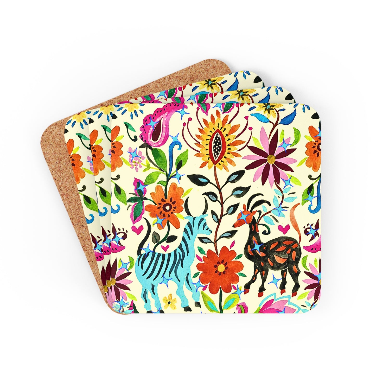 Festival of Springtime Folklore Floral Otomi Decorative Cocktail Beverage Entertaining Corkwood Coaster Set