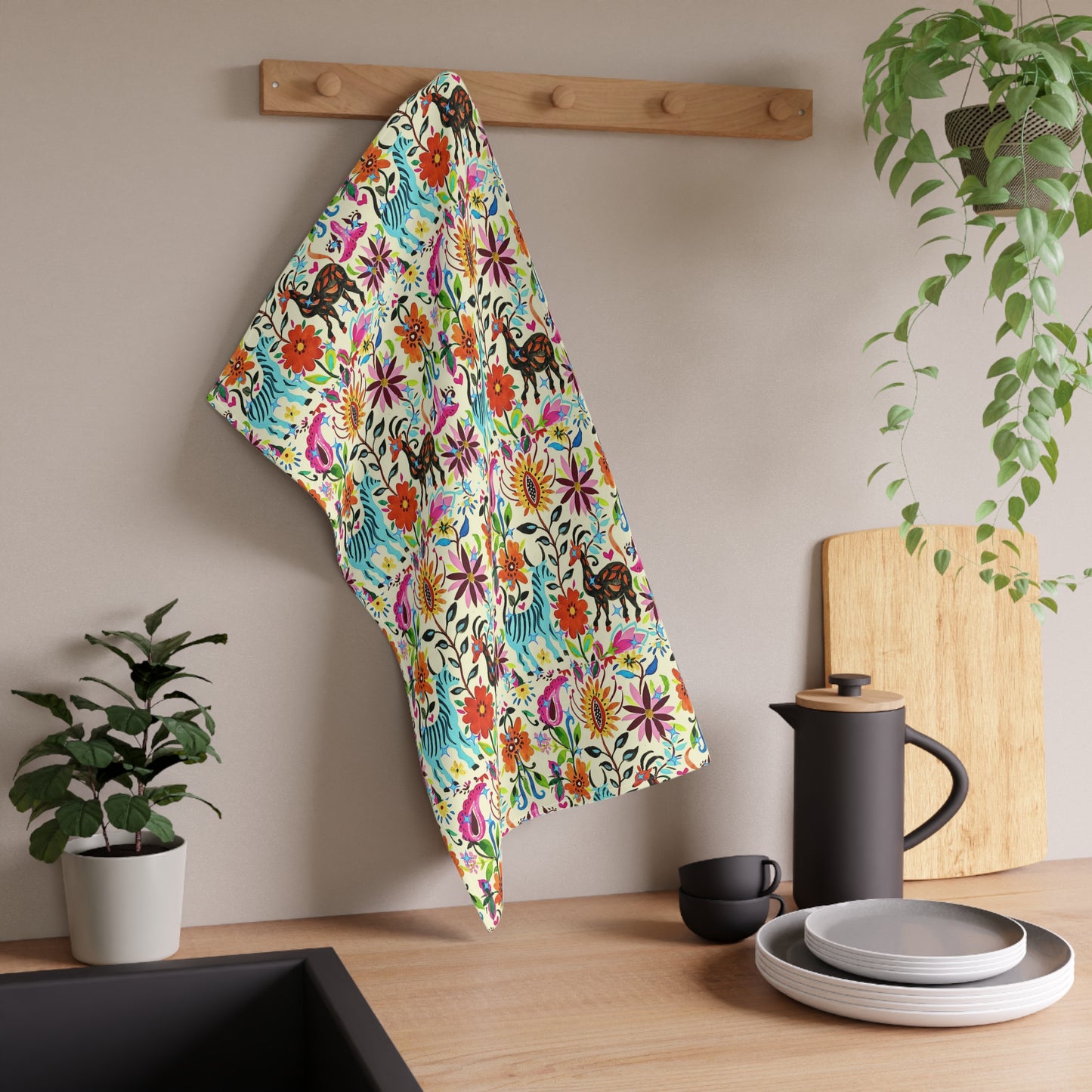 Festival of Springtime Folklore Floral Otomi Decorative Kitchen Tea Towel/Bar Towel