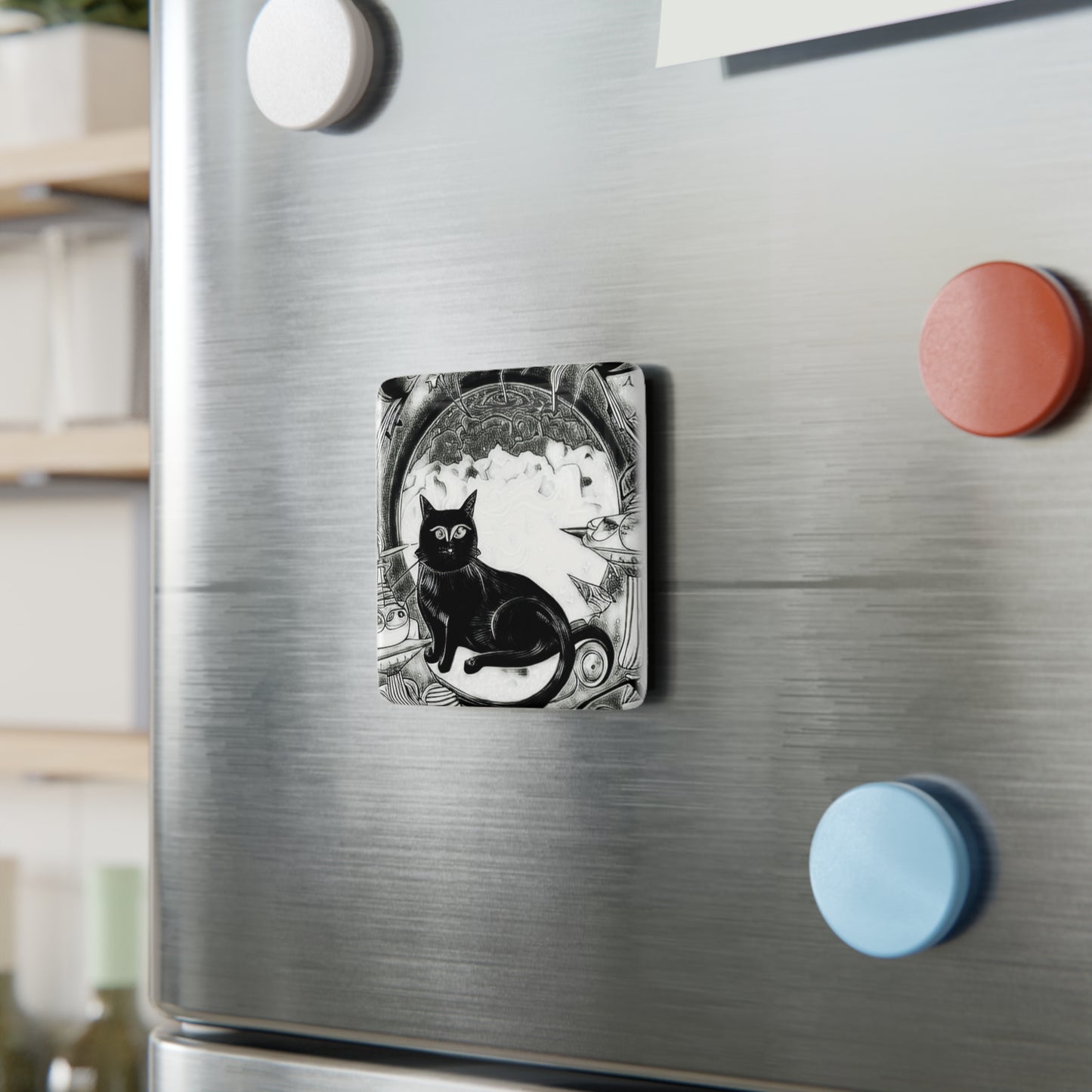 Space Cat Black and White Porcelain Magnet, Square