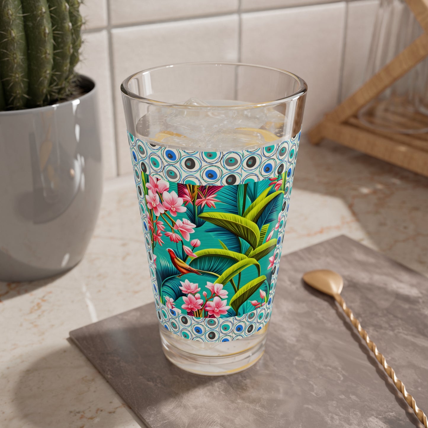 Aqua Tropical Rainforest Pink Orchids Birds Wood Block Print Tiki Mod Midcentury Modern Circles Cocktail Party Mixing Glass, 16oz