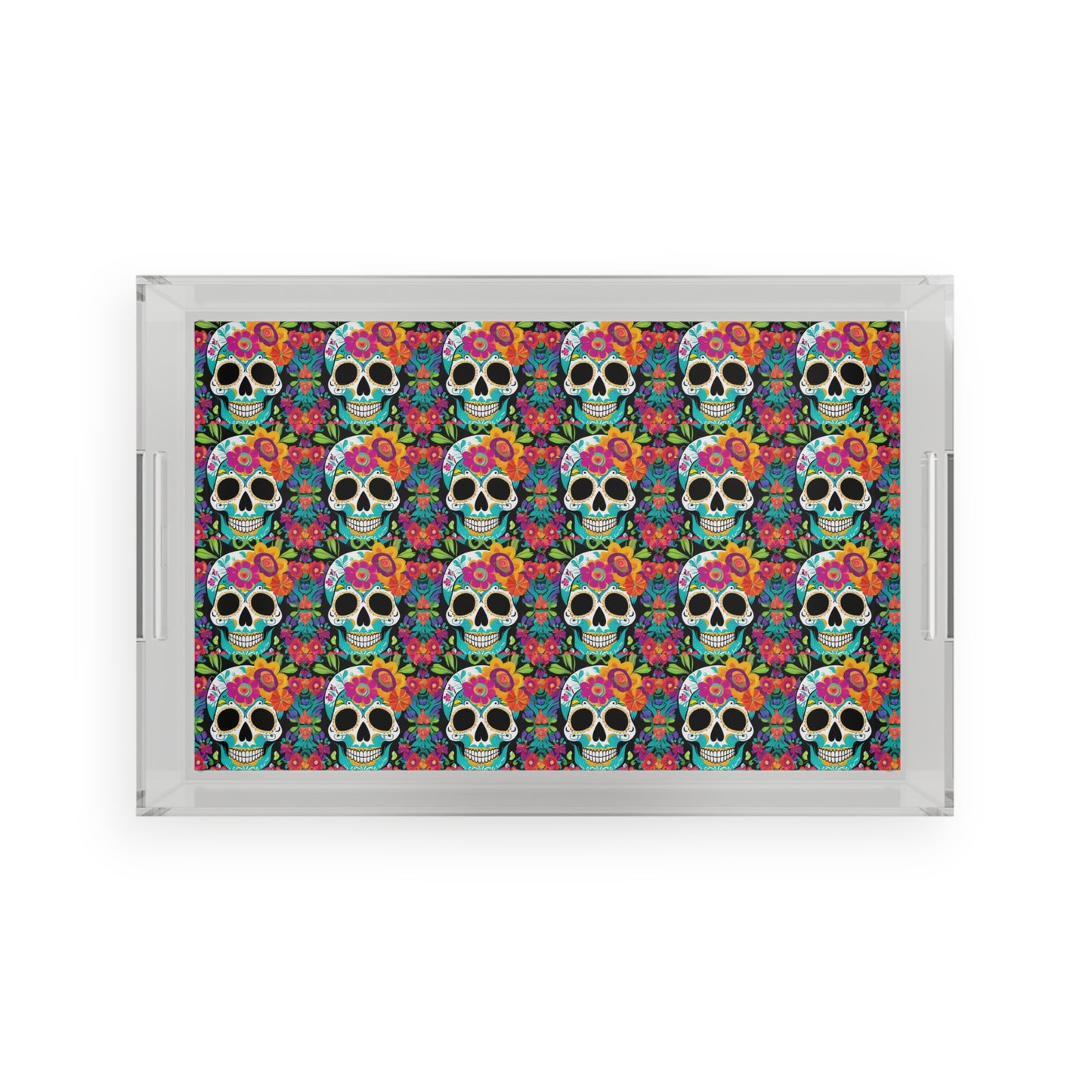 Dia de los Muertos Black Floral Skull Patio Outdoor Entertaining Acrylic Serving Tray