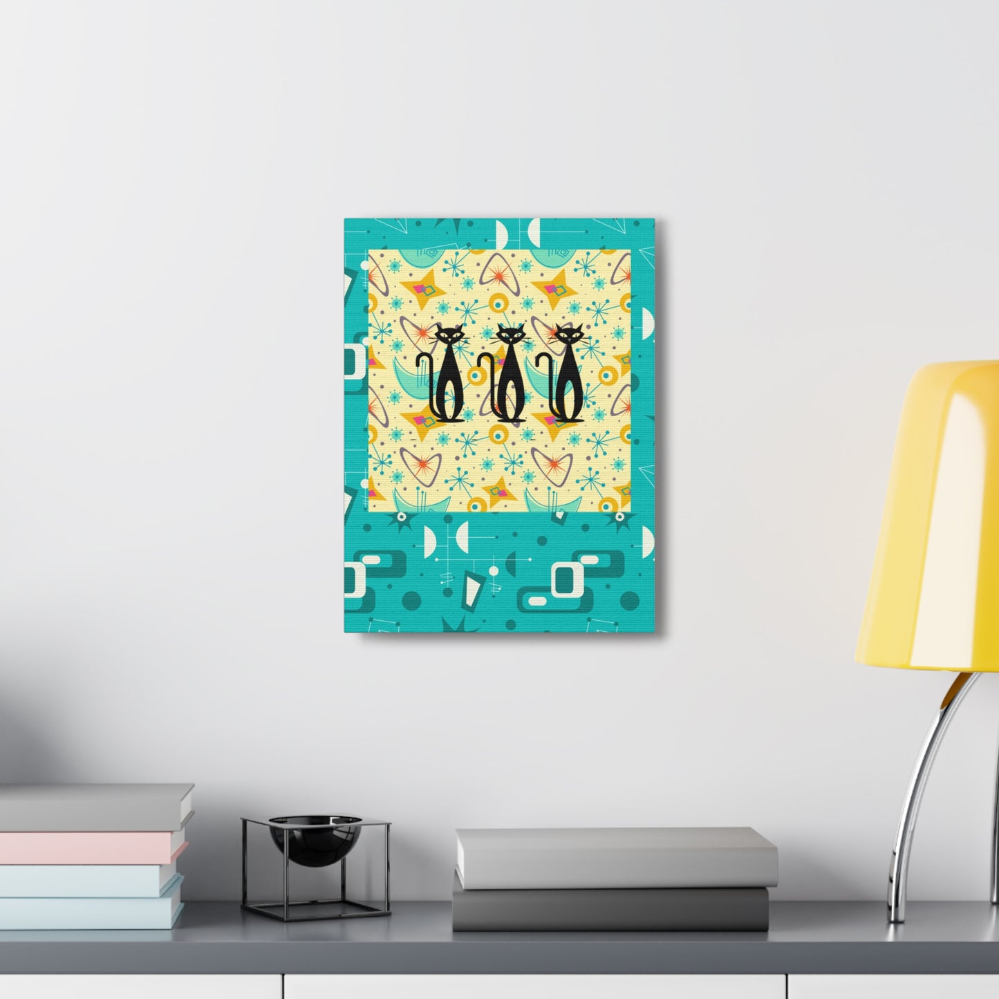 Triple Kitties Midcentury Modern Aqua Children Nursery Playroom Original Art Canvas Gallery Wraps