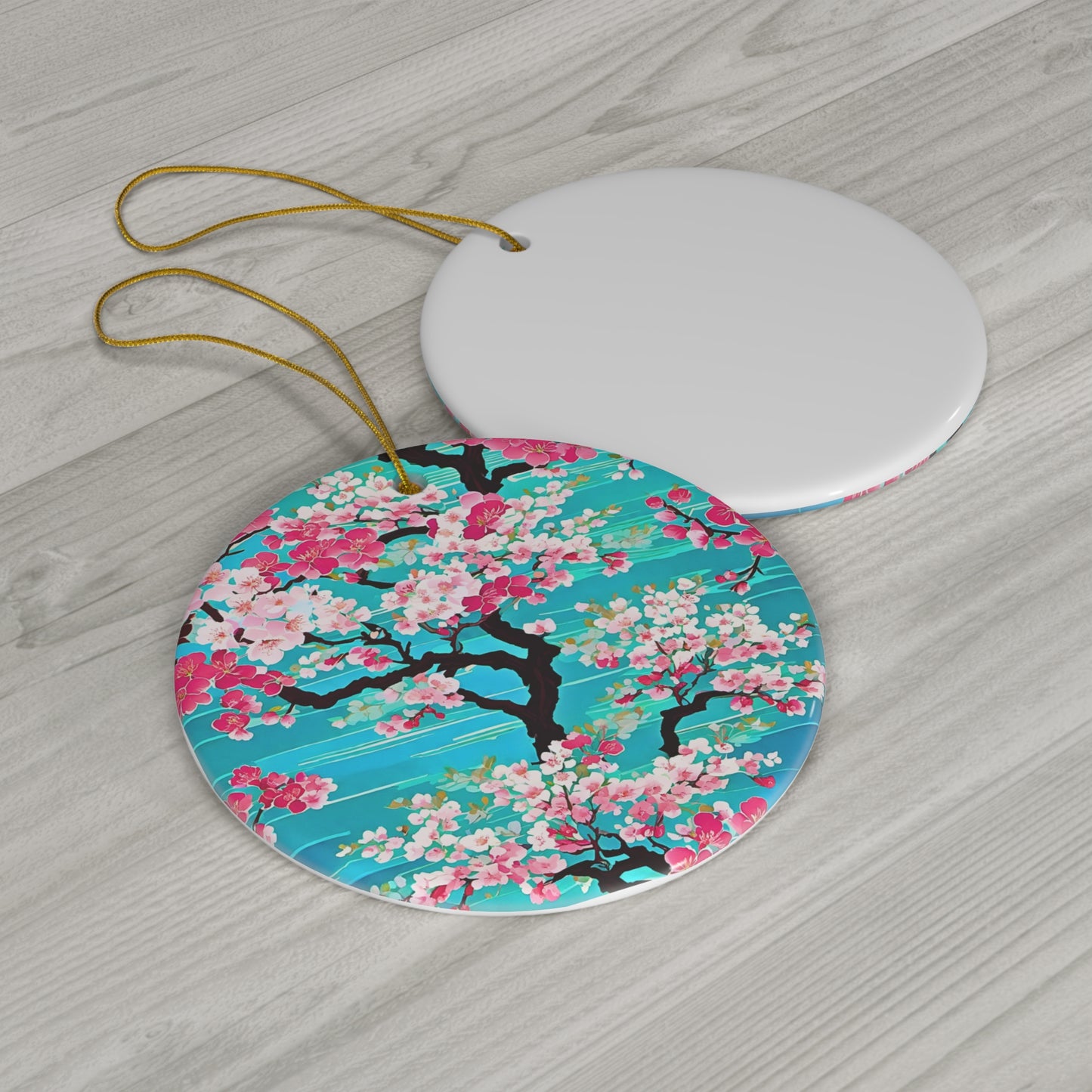 Turquoise Sky Cherry Blossoms Japanese Kyoto Floral Christmas Holiday Decoration Ceramic Ornament