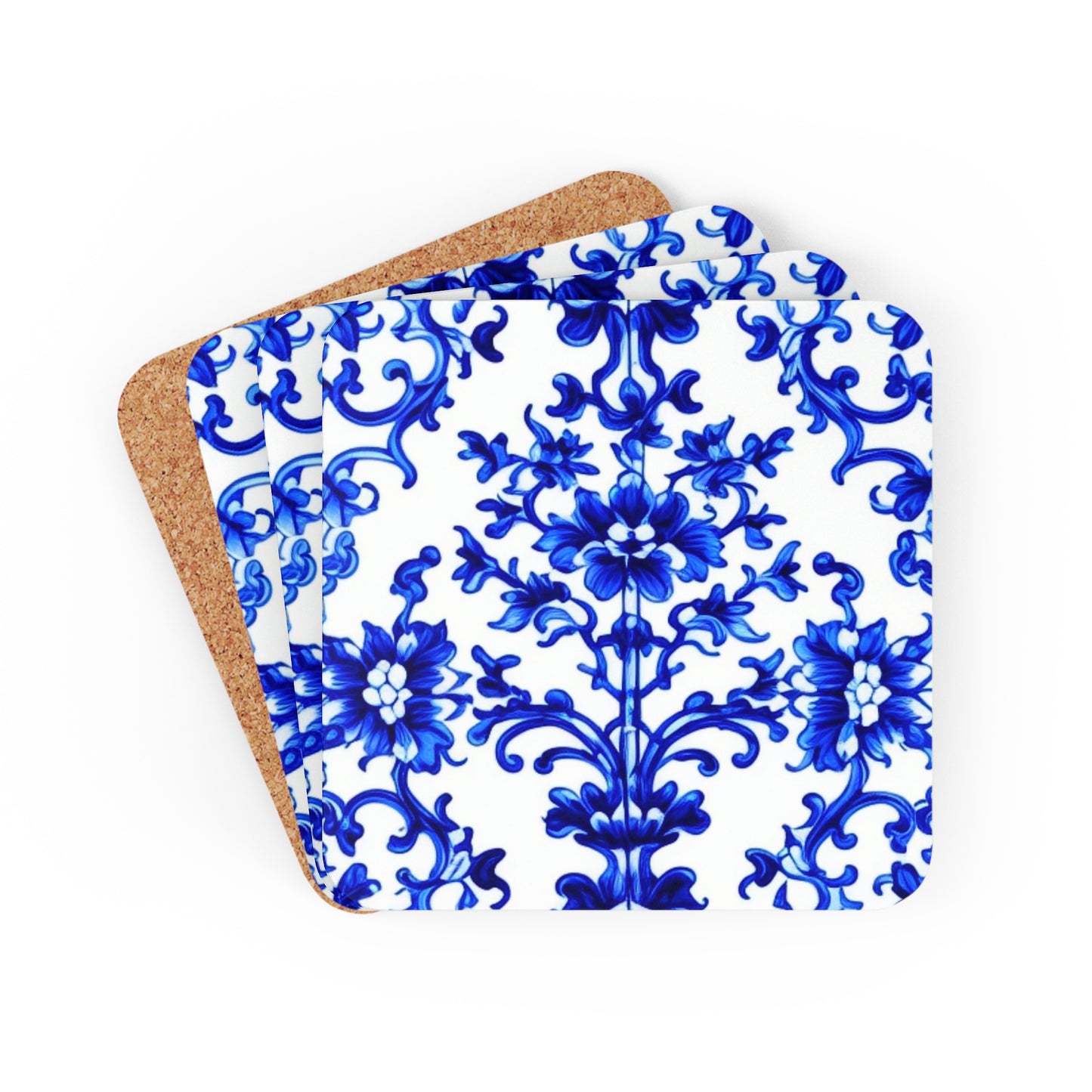 Portuguese Blue and White Tile Pattern Cocktail Party Beverage Entertaining Corkwood Coaster Set