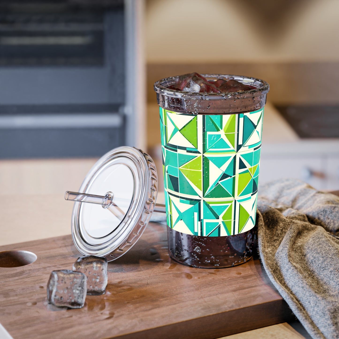 Cancun Vacation Midcentury Modern Tile Turquoise and Green Geometric Pattern Beverage Travel Suave Acrylic Cup