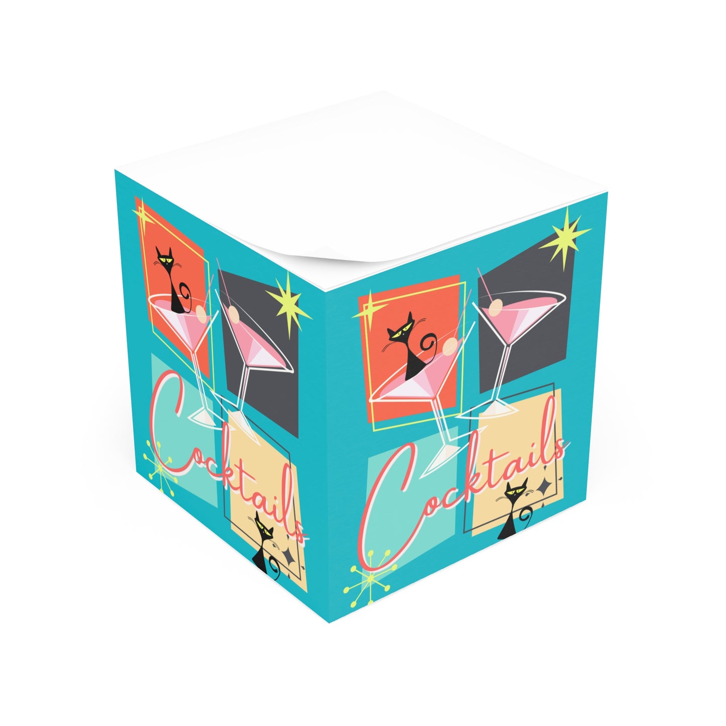 Cats and Martinis Midcentury Modern Atomic Black Cat Cocktail Party Paper Note Cube