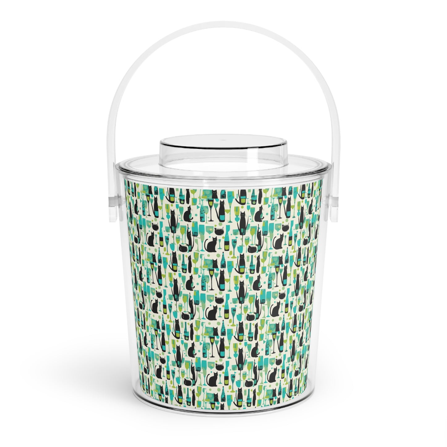 It's Cocktail Time Darling Midcentury Modern Atomic Black Cat Pattern Ice Bucket with Tongs