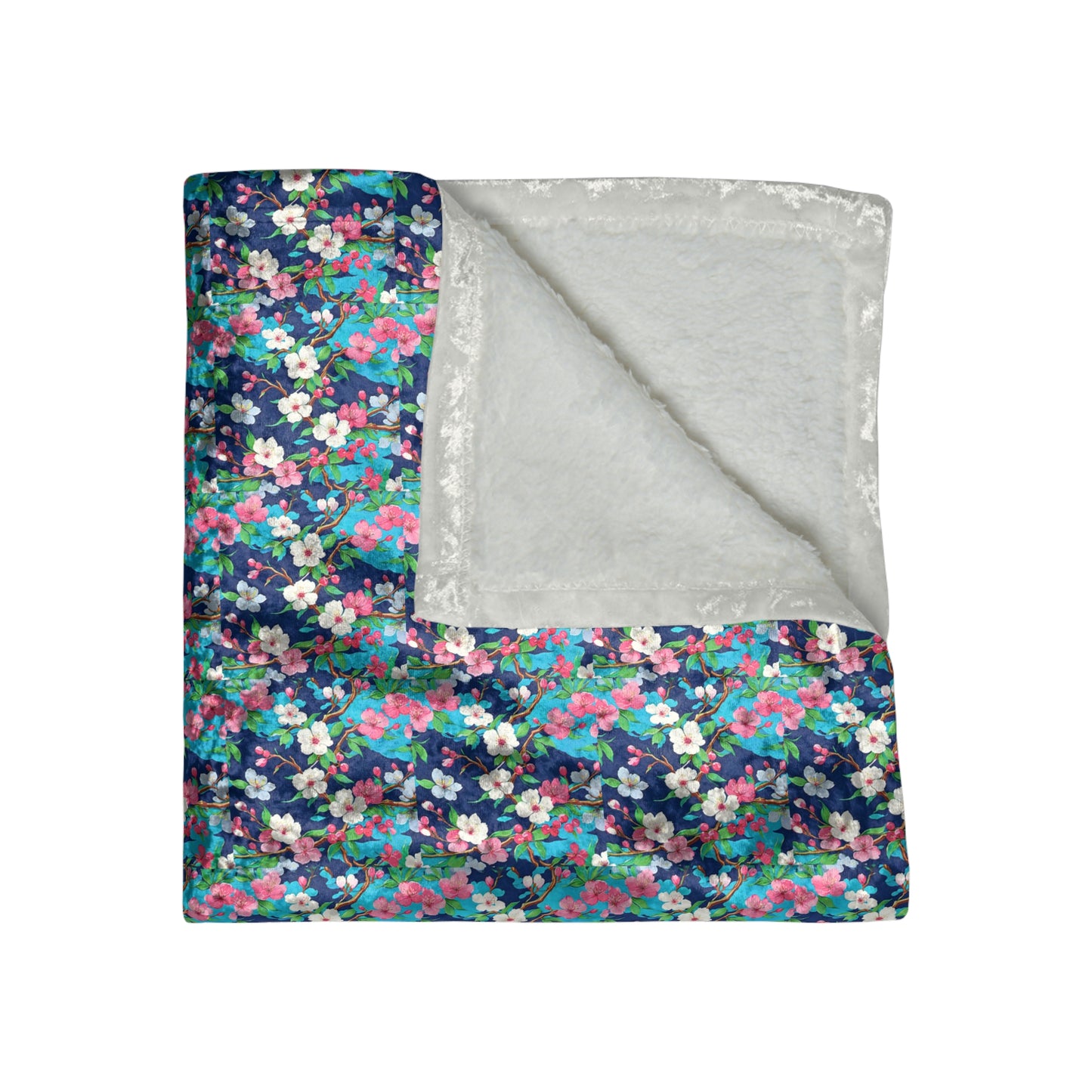 Cherry Blossoms Japanese Floral Branches White Pink Warm Cozy Lounge Shimmer Crushed Velvet Blanket