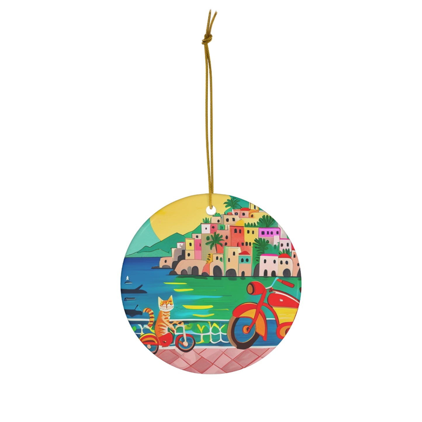 Gatto Kitty Amalfi Coast Scooter Ride Italy Orange Tabby Cat Person Travel Ceramic Ornament