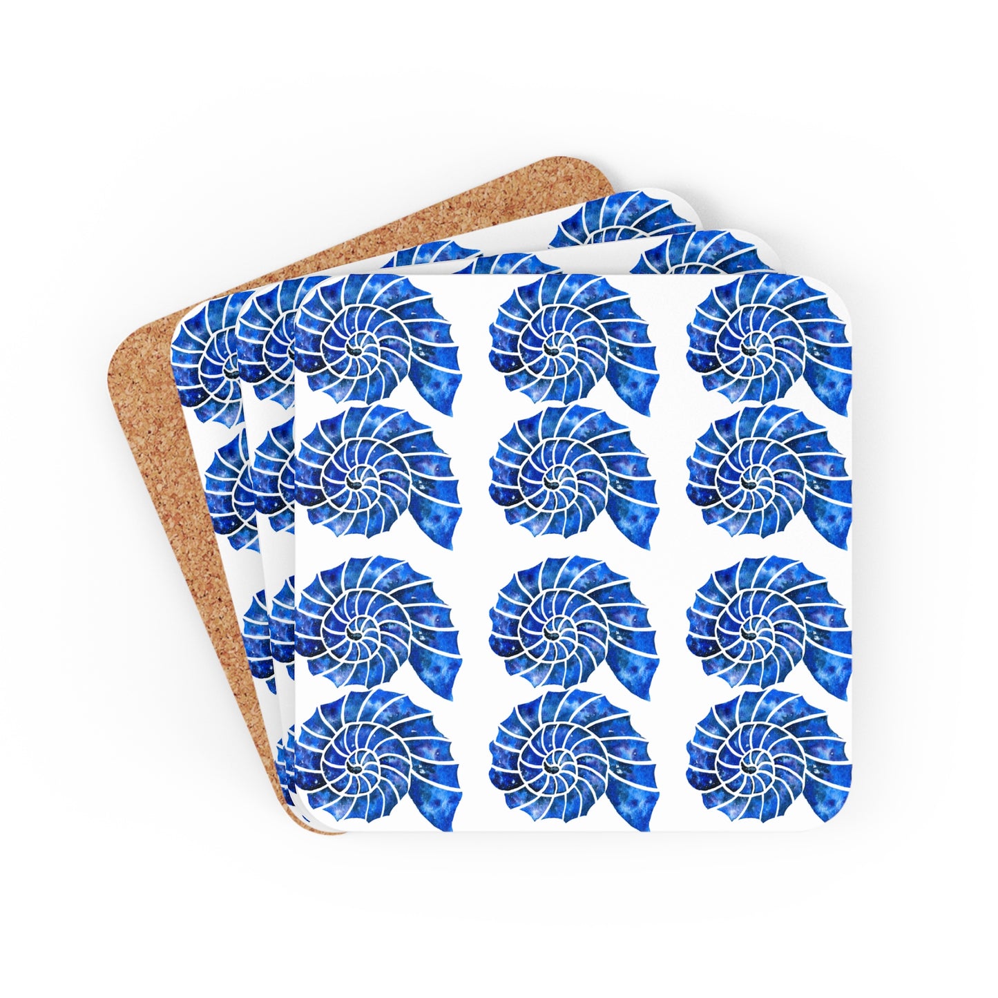Blue and White Nautilus Shell Ocean Coastal Pattern Decorative Cocktail Party Beverage Entertaining Corkwood Coaster Set