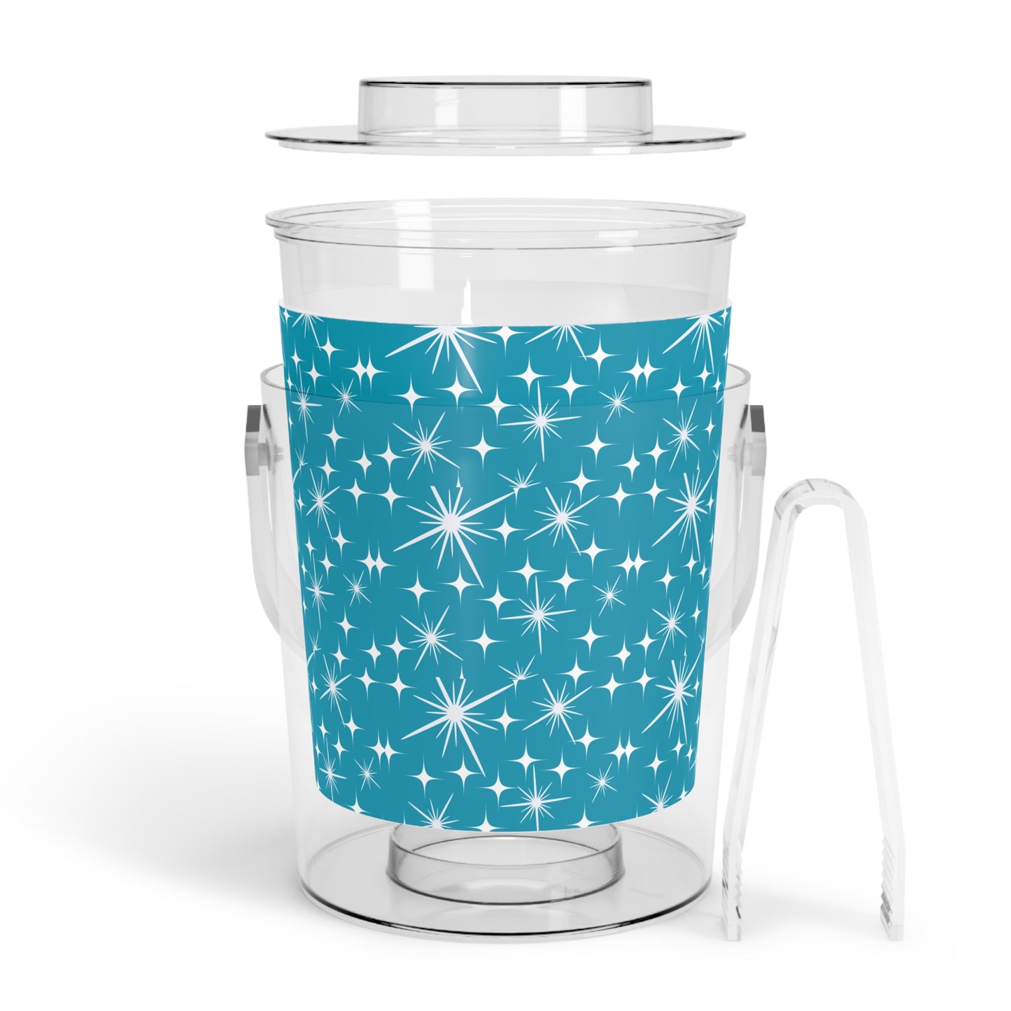 Midcentury Modern Celestial Stars Teal Ice Bucket with Tongs