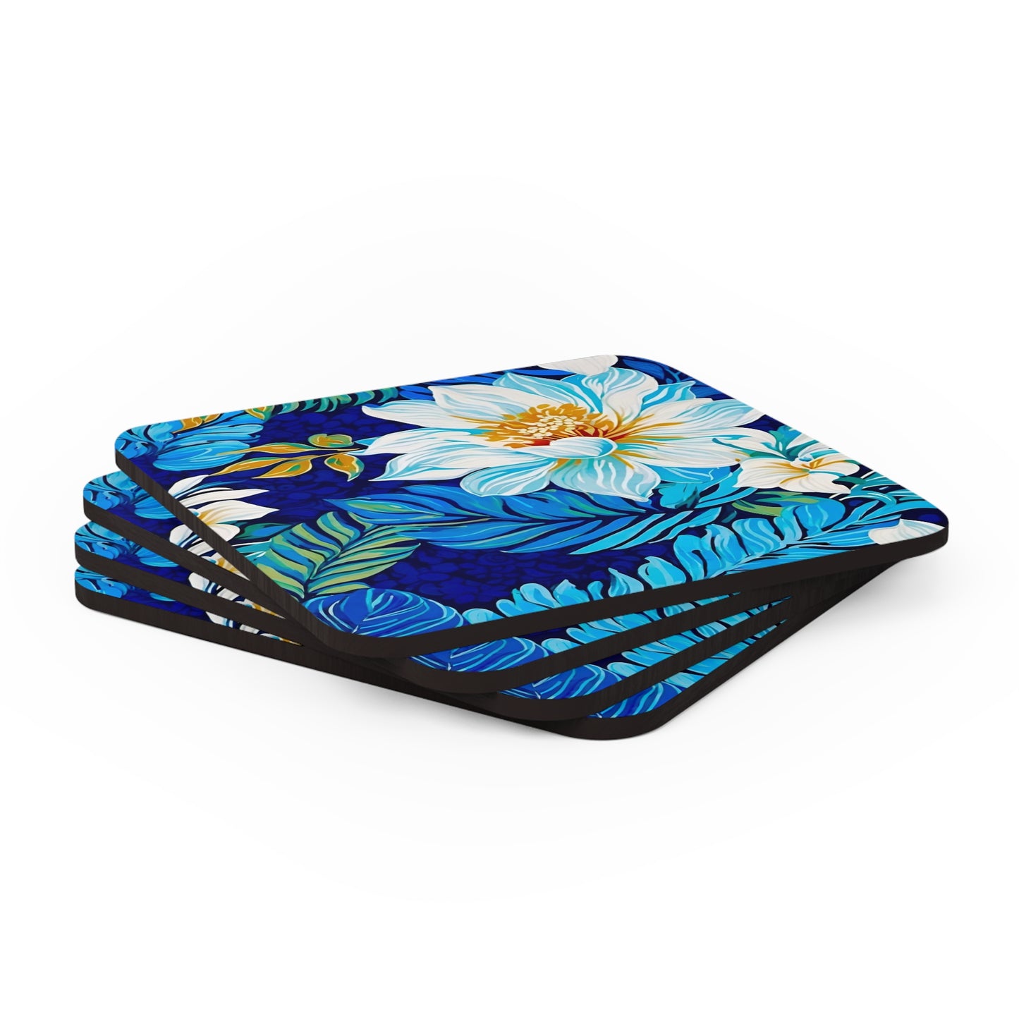 Hawaiian White Orchid Tropical Paradise Luau Cocktail Party Beverage Entertaining Corkwood Coaster Set