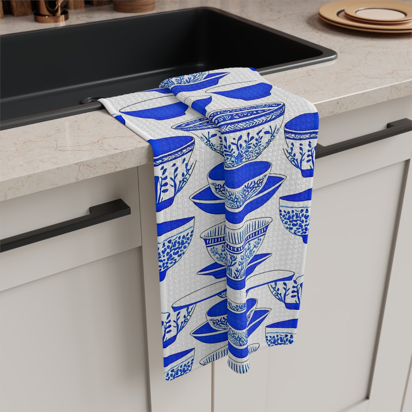 Blue and White Chinese Rice Bowls Decorative Asian Waffle Kitchen Microfiber Waffle Tea Towel/Bar Towel