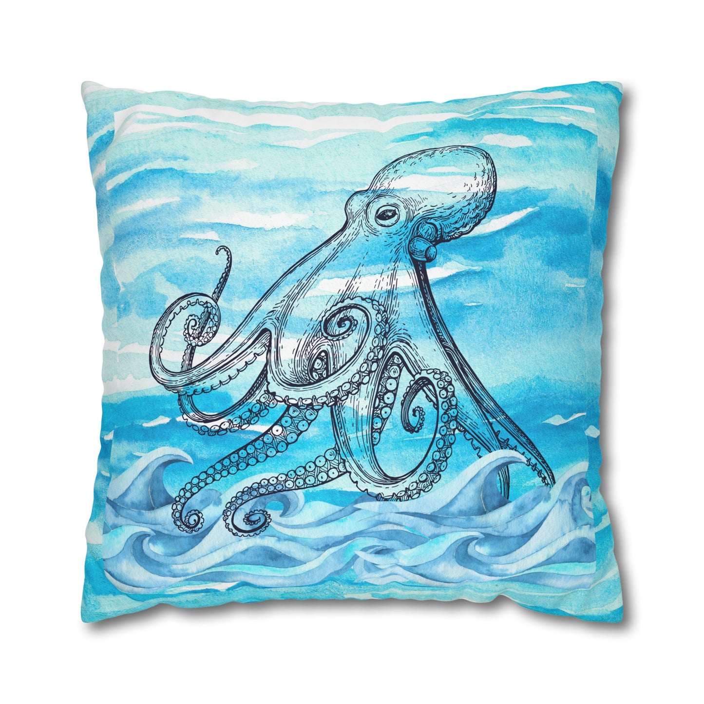 Coastal Summer Octopus Watercolor Square Poly Canvas Pillow Cover