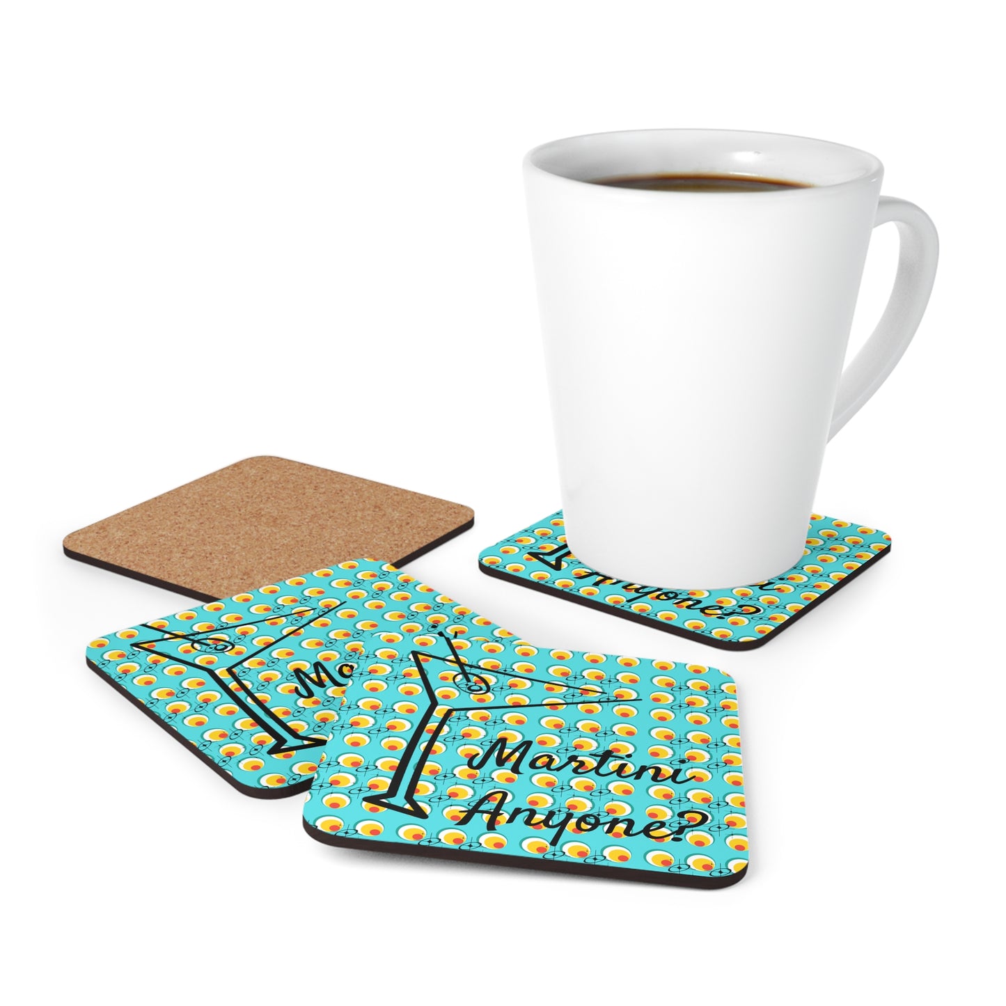 Martini Anyone? Midcentury Modern Cocktail Glass Party Entertaining Decorative Corkwood Coaster Set