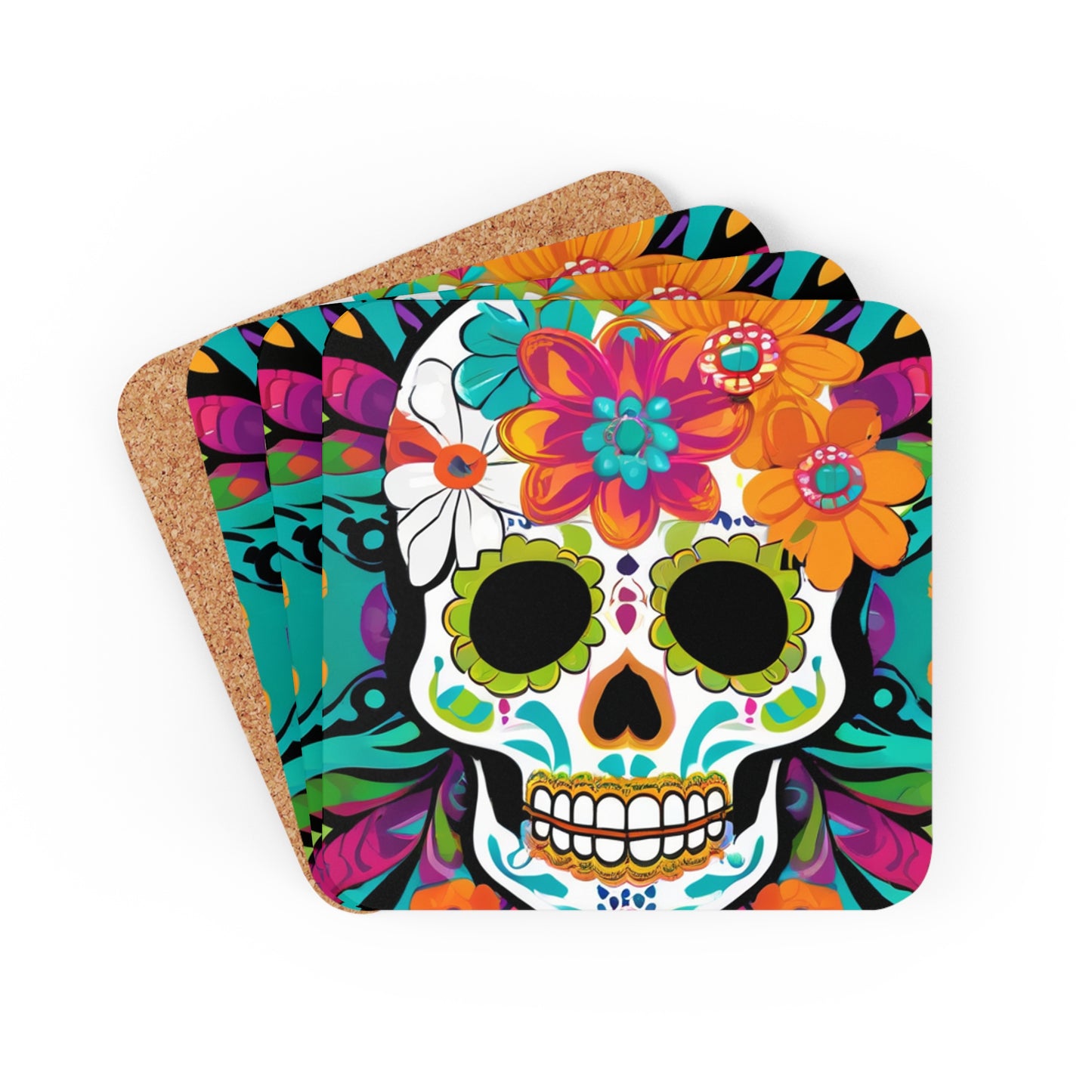 Day of the Dead Flower Power Skull Christmas Festive Dia de los Muertos Cocktail Party Fiesta Entertaining Corkwood Coaster Set