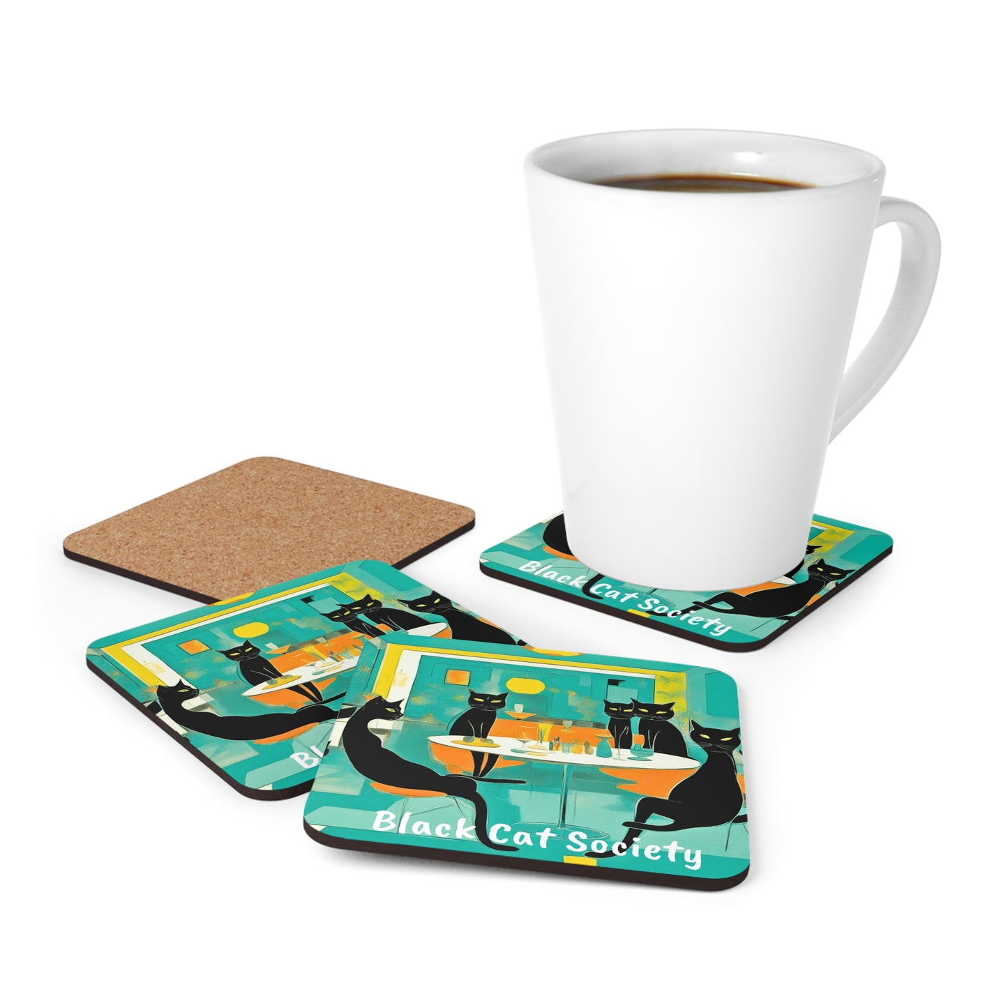 Black Cat Society Midcentury Modern Cocktail Party Entertaining Decorative Corkwood Coaster Set