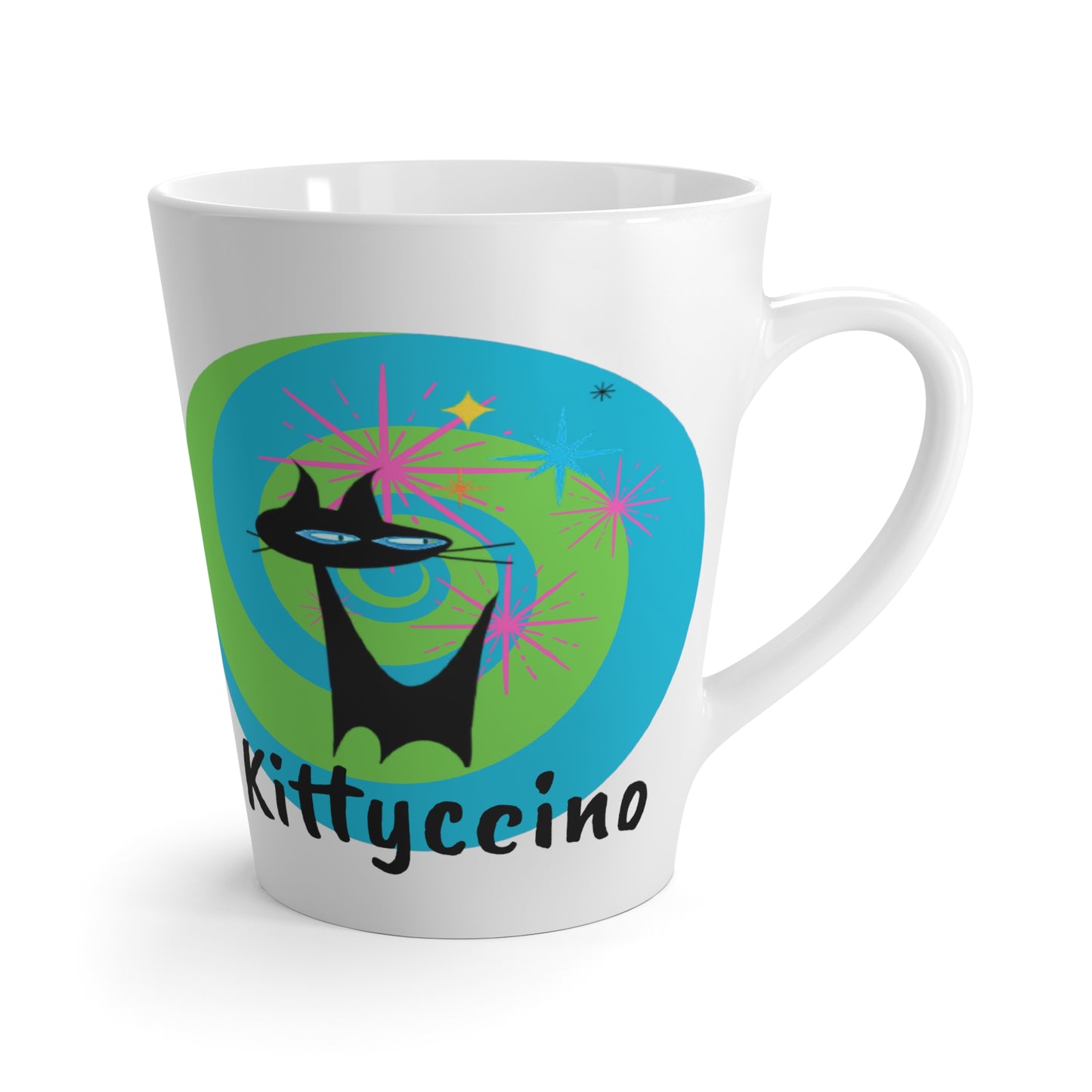 Kittyccino Midcentury Modern Atomic Black Cat Cappuccino Hot Beverage Tea Latte Mug