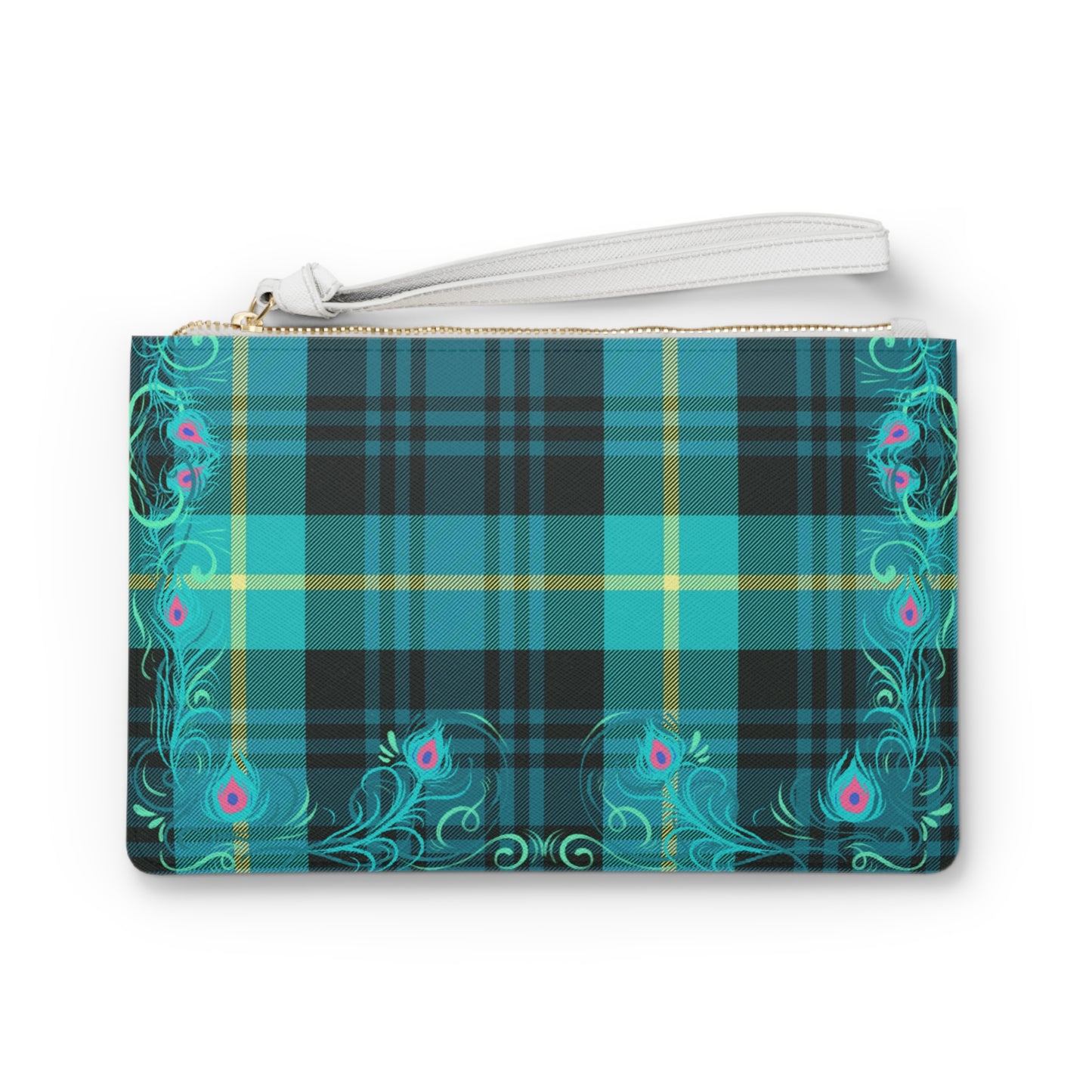 Tartan Plaid Peacock Feather Makeup Errands Evening Pouch Clutch Bag