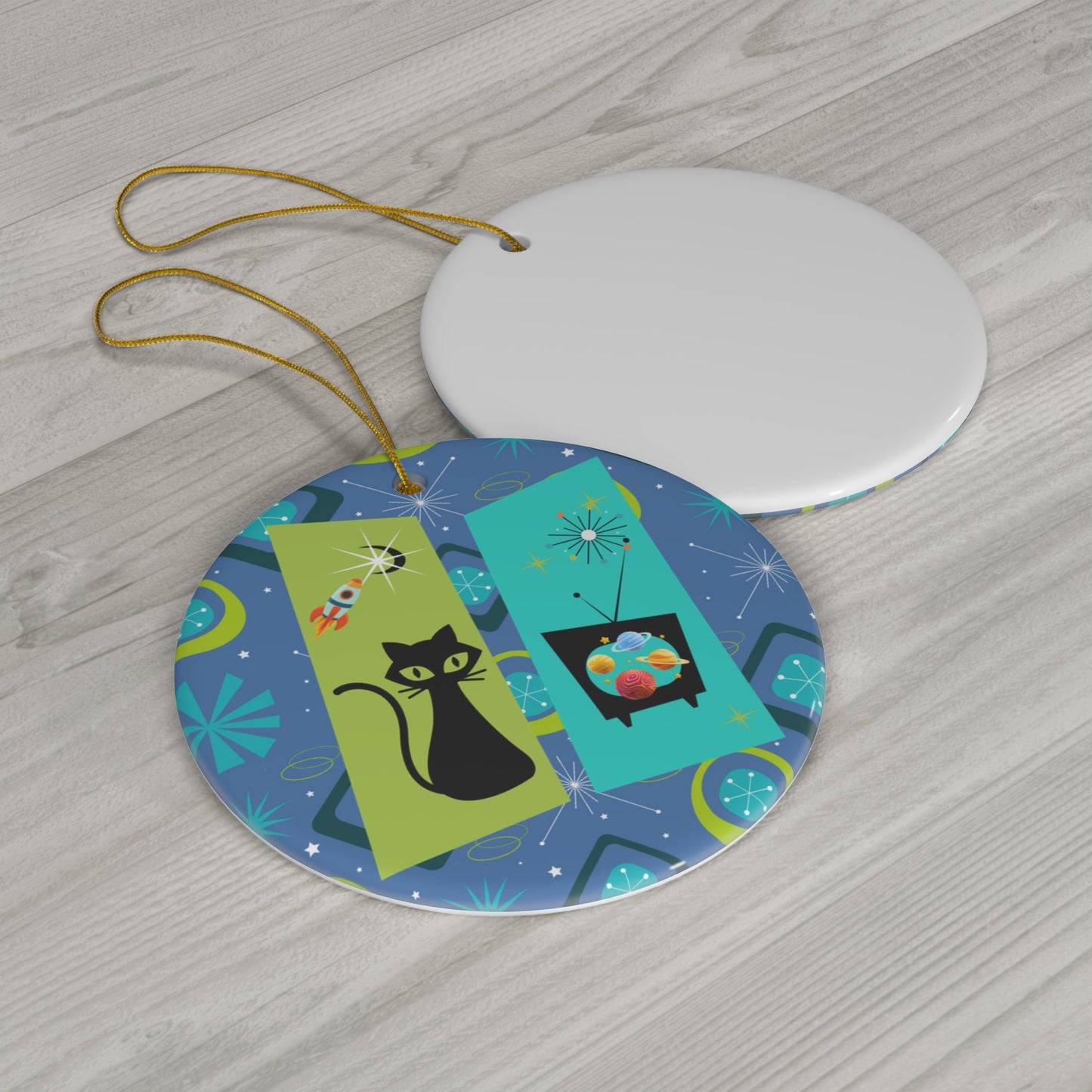 Nightly News Midcentury Modern Atomic Black Cat Planets Spaceship Ceramic Ornament