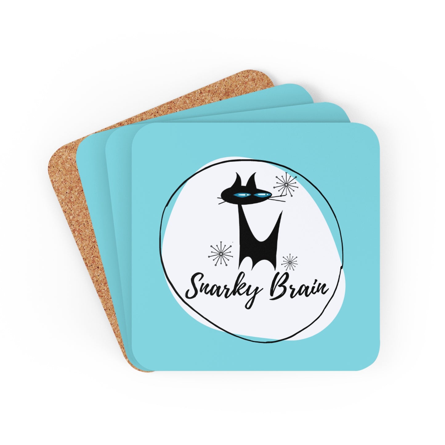 Snarky Brain Logo Midcentury Modern Turquoise Cocktail Beverage Entertaining Corkwood Coaster Set