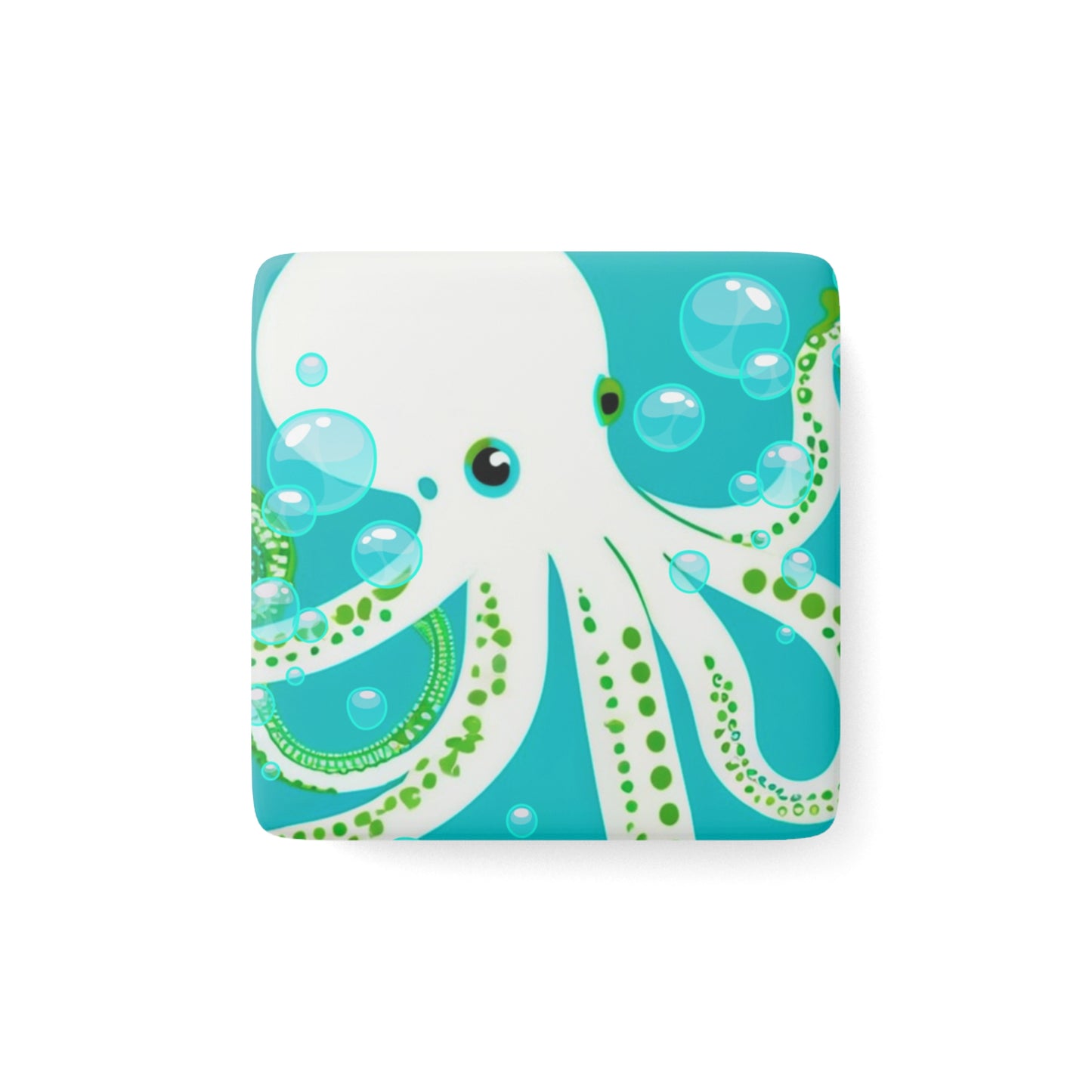 Aqua Octopus Bubbles Porcelain Magnet, Square