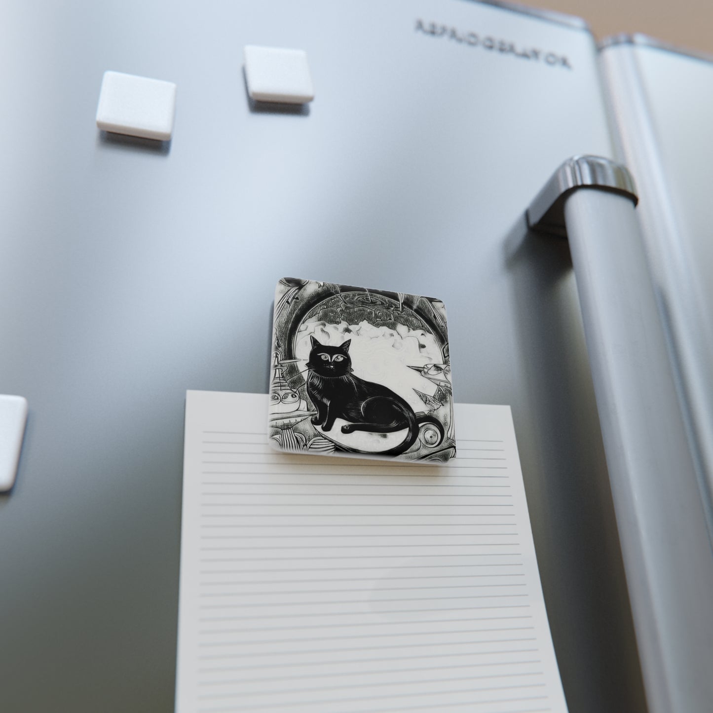 Space Cat Black and White Porcelain Magnet, Square
