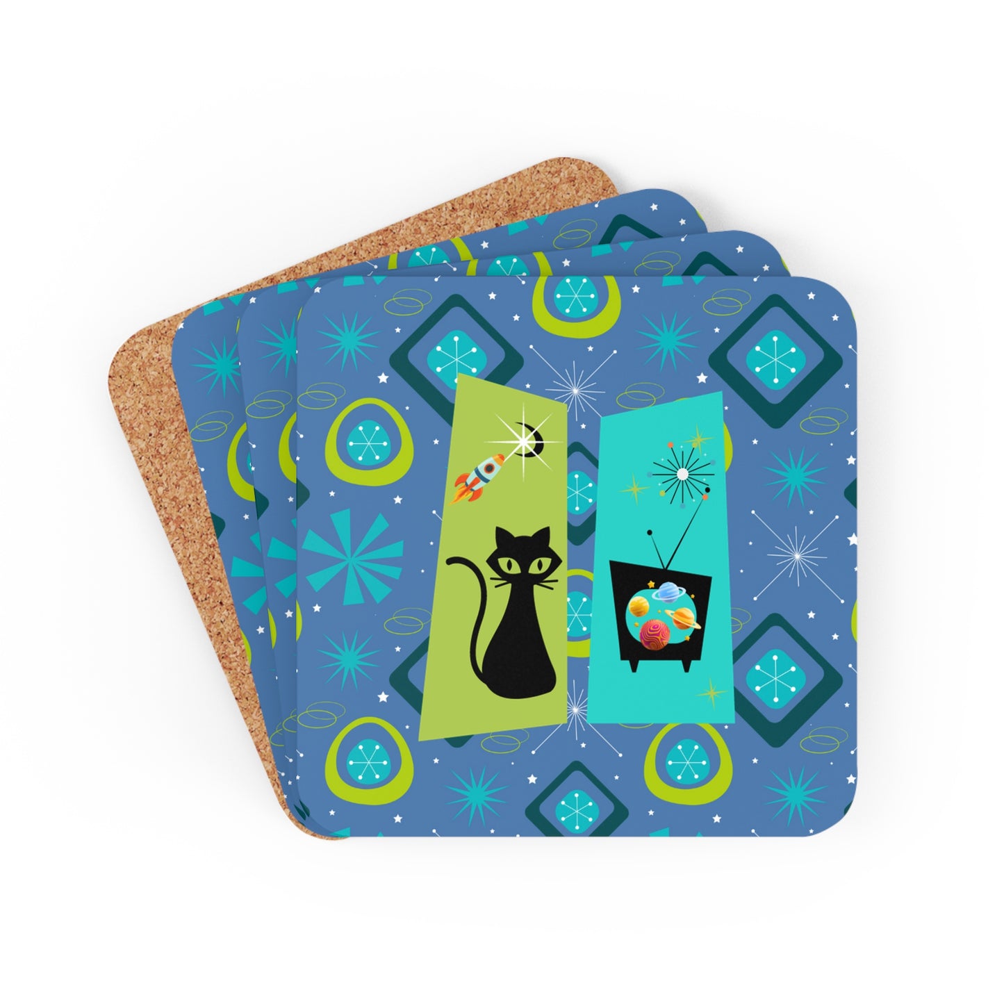 Nightly News Midcentury Modern Atomic Black Cat Planets Spaceship Cocktail Party Entertaining Corkwood Coaster Set