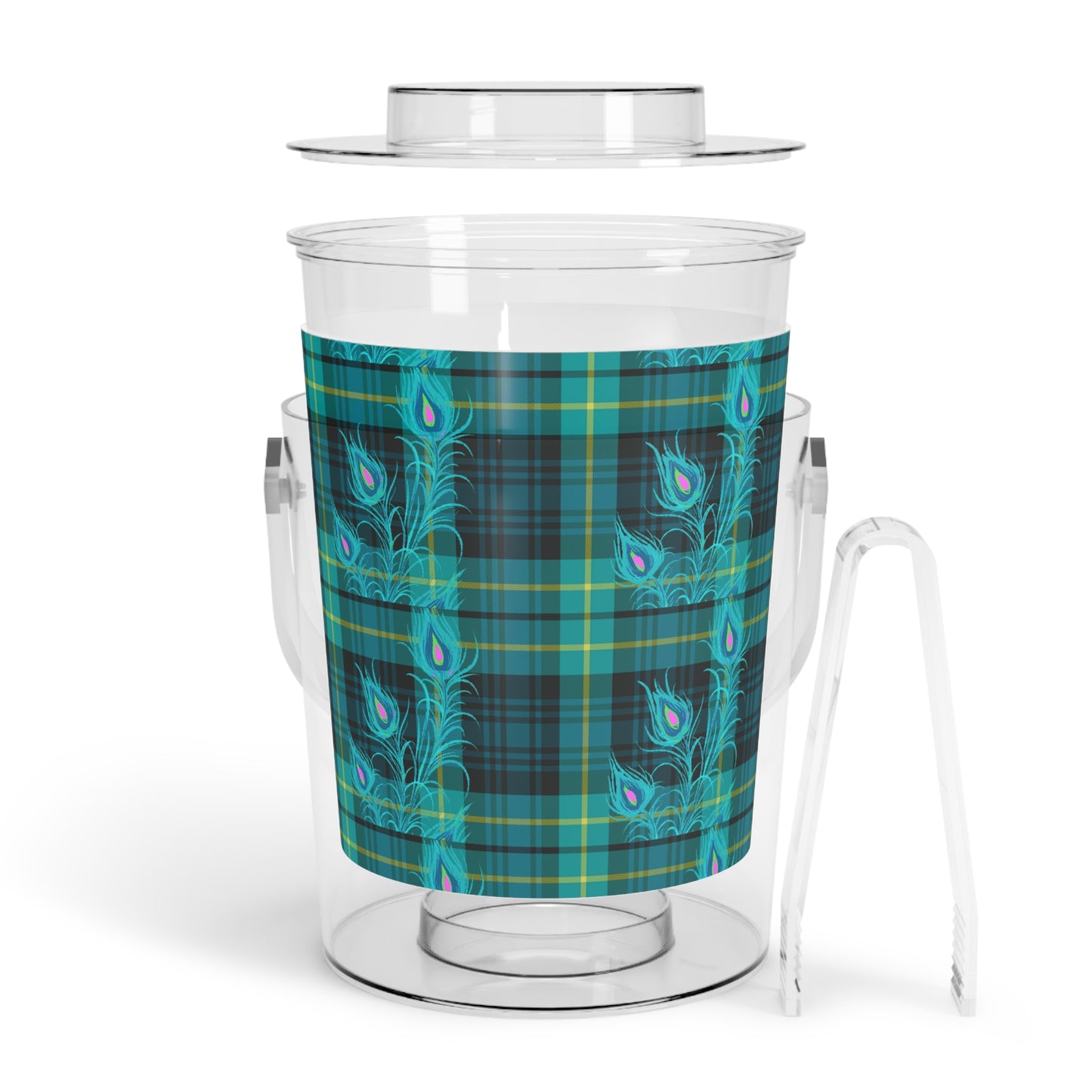 Tartan Plaid Peacock Feather Ice Bucket with Tongs