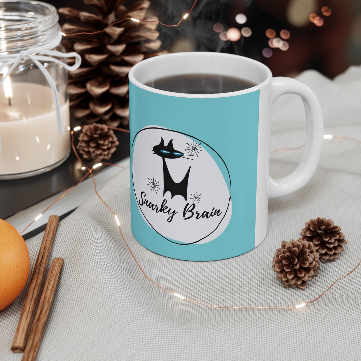 Snarky Brain Logo Midcentury Modern Atomic Cat Turquoise Hot Beverage Coffee Tea Decorative Ceramic Mug 11oz