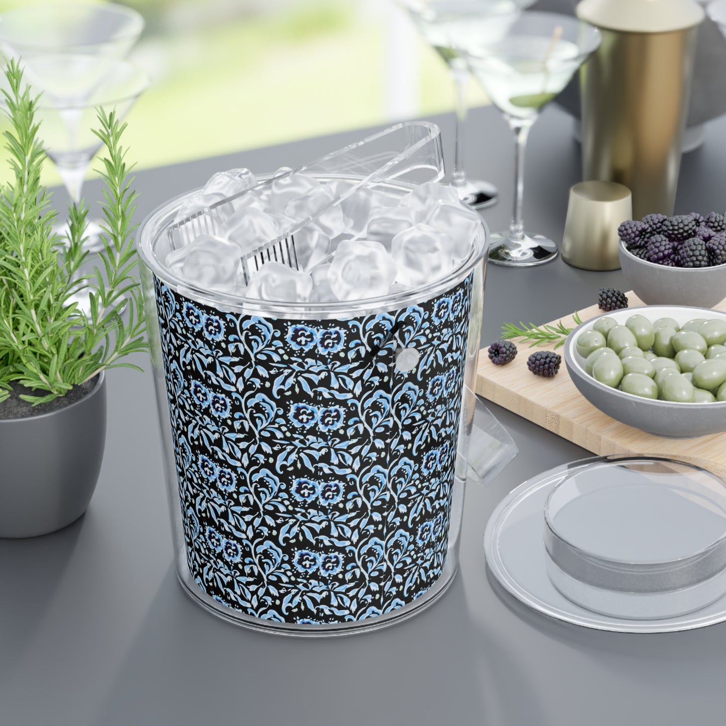 Blue Tropical Island Flower Batik Coastal Pattern Cocktail Patio Party Ice Bucket with Tongs