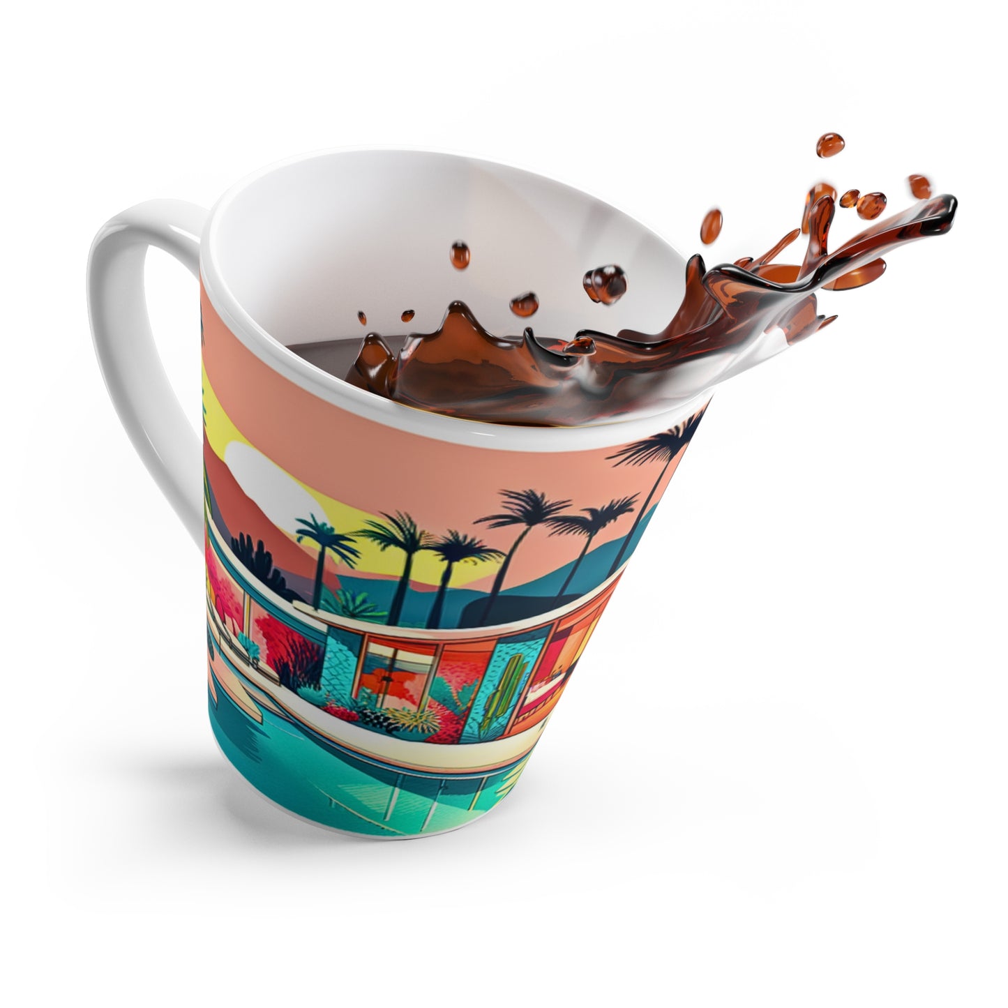 Palm Springs Patio Darling Cocktails Poolside Desert Palm Trees Cactus Midcentury Modern Style Cappuccino Latte Mug