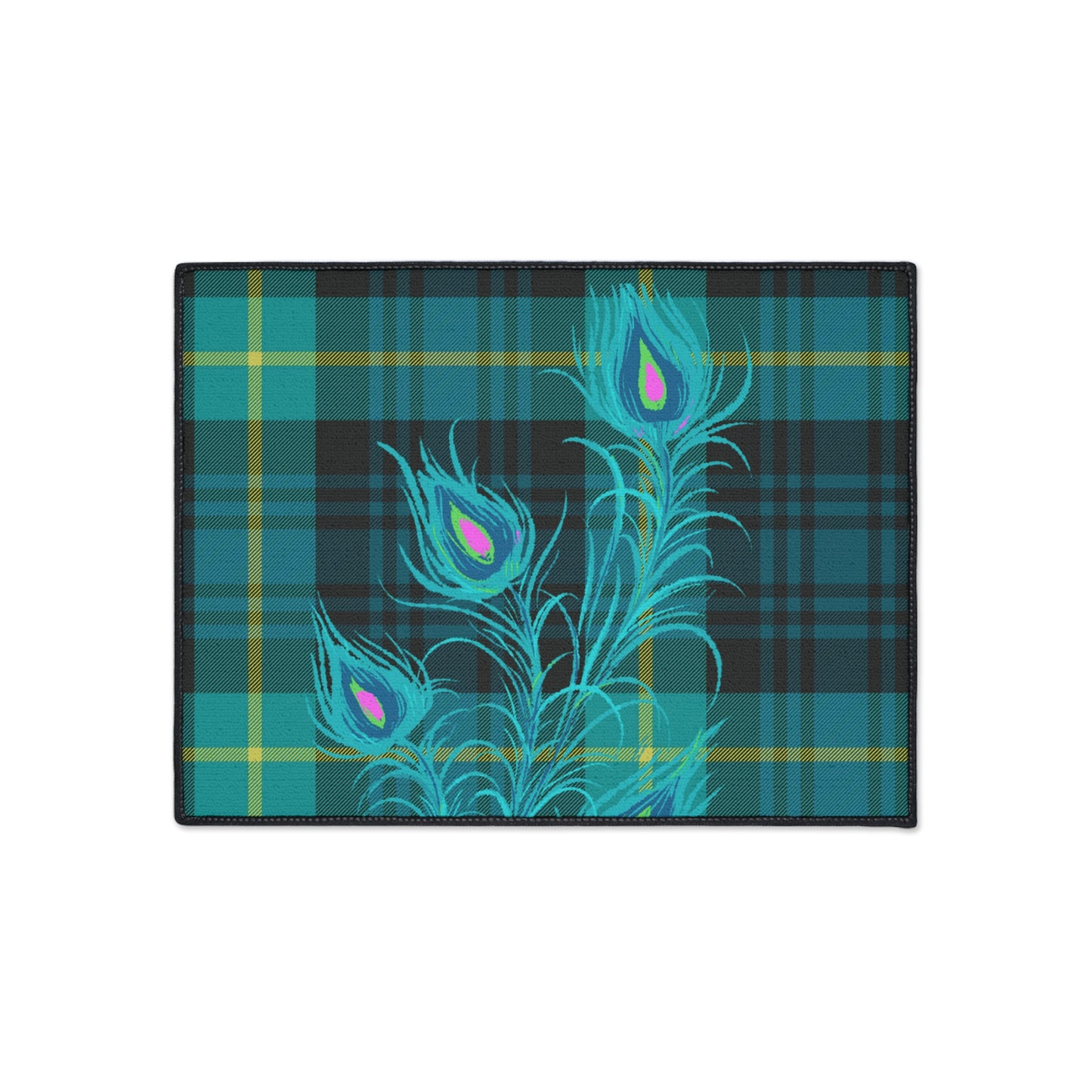 Tartan Plaid Peacock Feather Indoor Outdoor Heavy Duty Floor Mat
