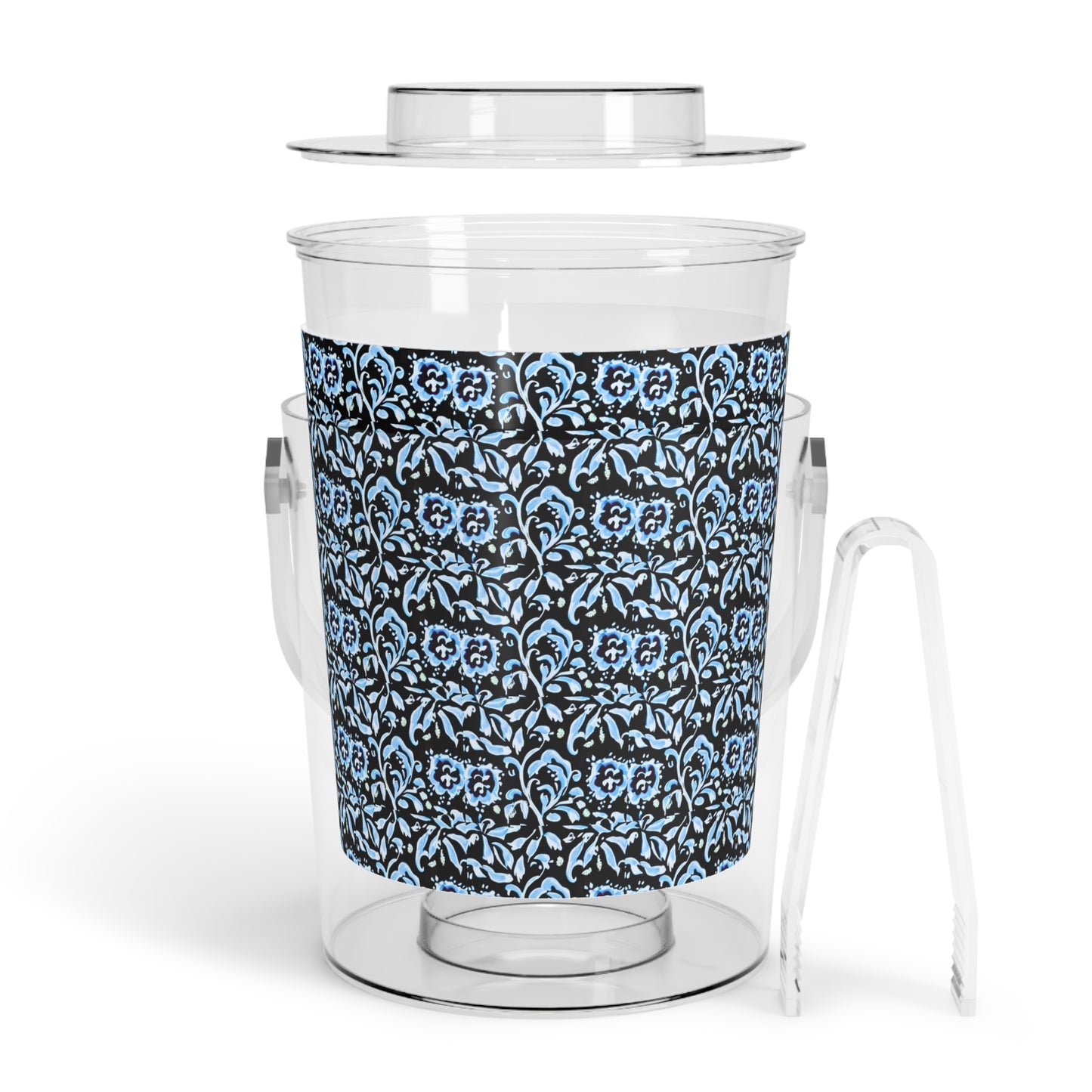 Blue Tropical Island Flower Batik Coastal Pattern Cocktail Patio Party Ice Bucket with Tongs