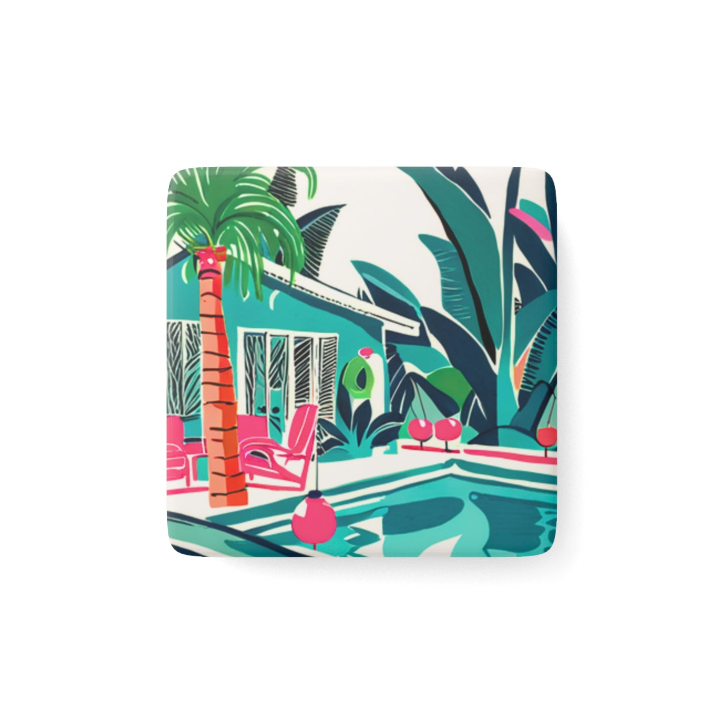 Miami Winter Poolside Midcentury Modern Porcelain Refrigerator Magnet, Square