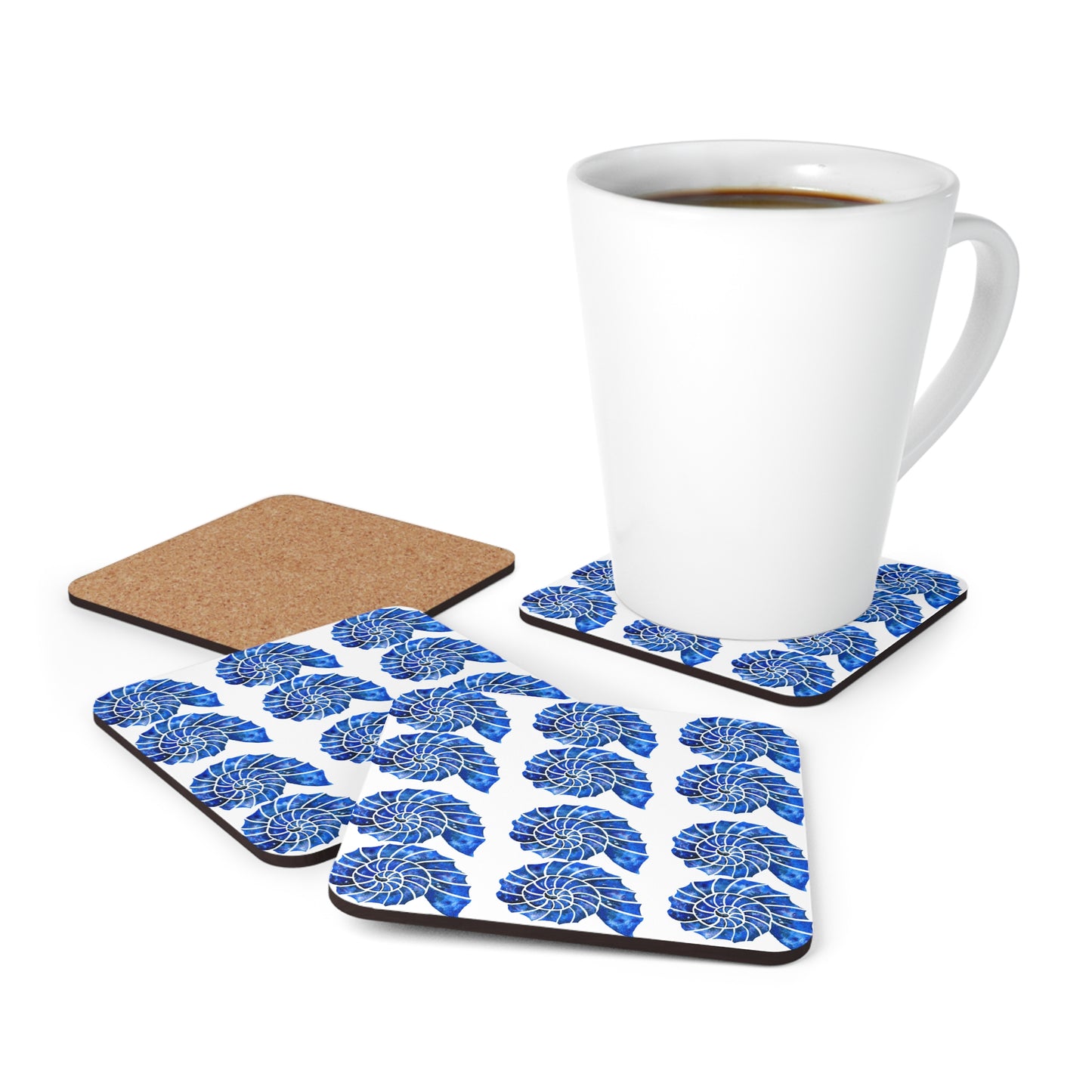 Blue and White Nautilus Shell Ocean Coastal Pattern Decorative Cocktail Party Beverage Entertaining Corkwood Coaster Set