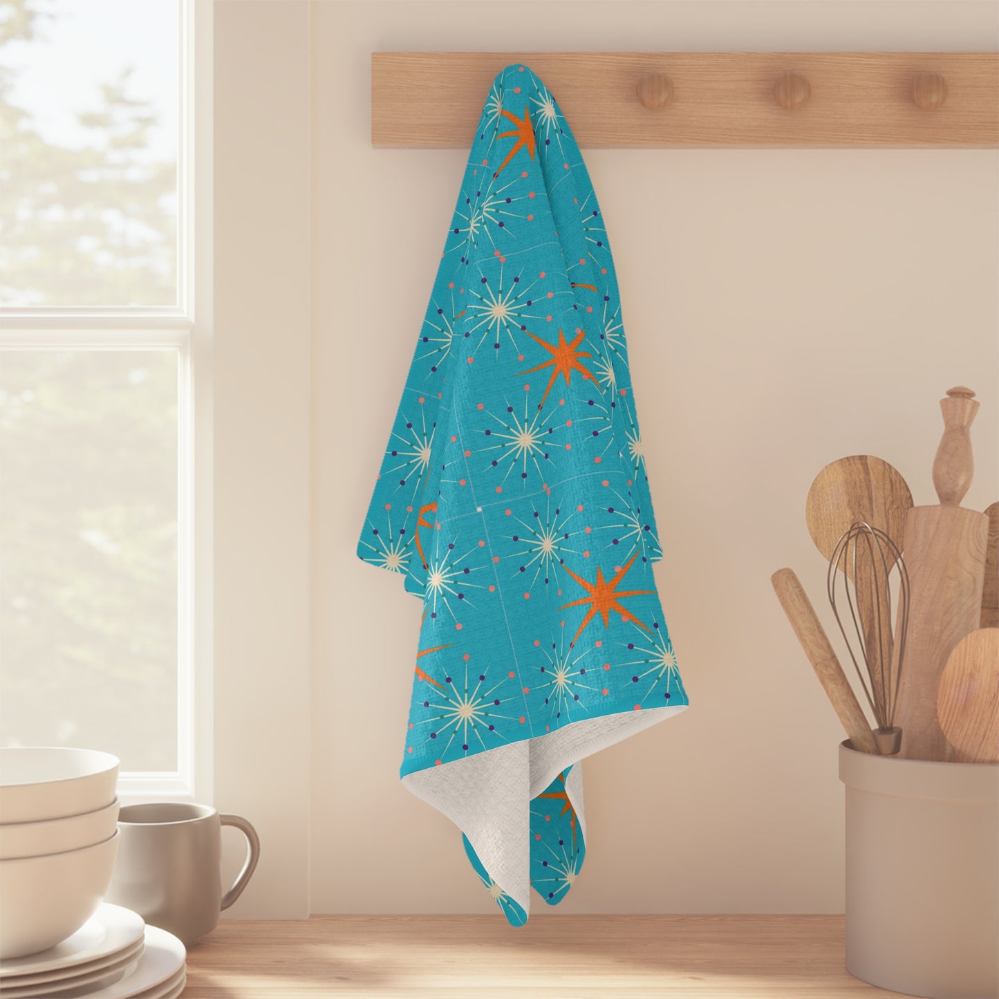 Midcentury Modern Atomic Stars Turquoise Pattern Decorative Microfiber Waffle Tea Towel/Bar Towel