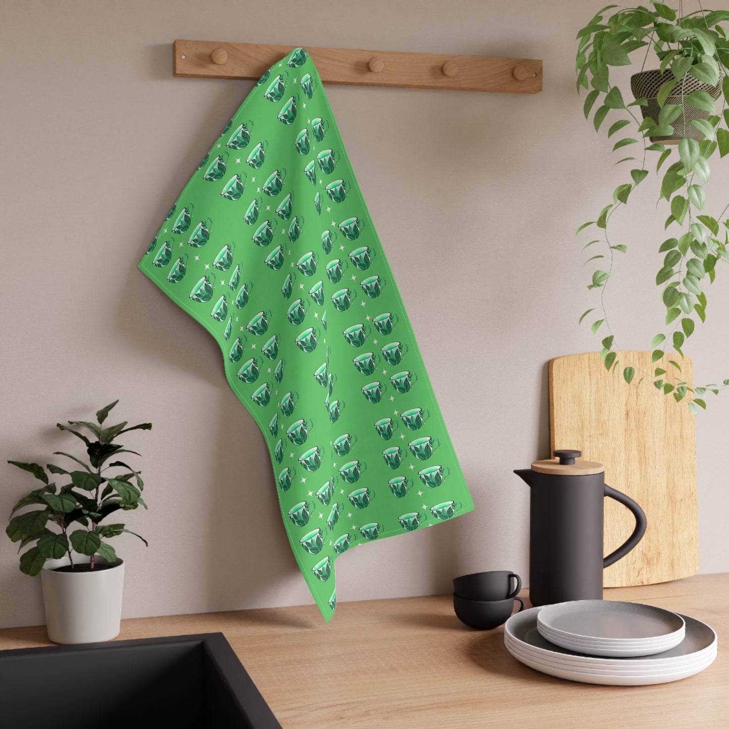 Cup of Mint Tea Midcentury Modern Hot Beverage Green Decorative Kitchen Tea Towel/Bar Towel