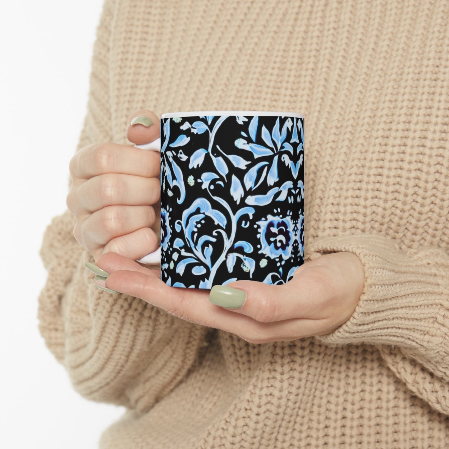 Blue Tropical Island Flower Batik Pattern Hot Coffee Tea Beverage Ceramic Mug 11oz