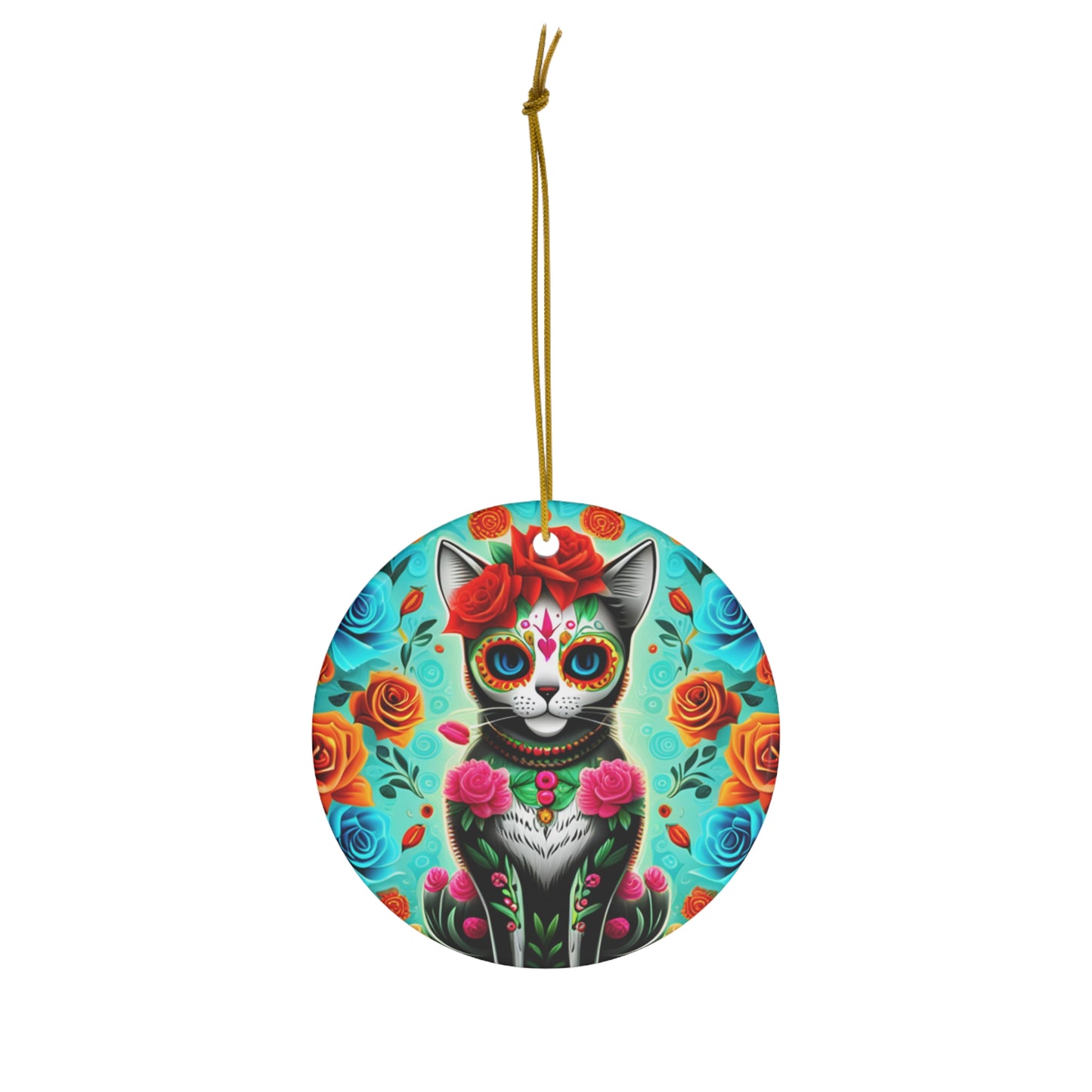Day of the Dead Black Cat Red Roses Mexican Folklore Hispanic Ceramic Ornament
