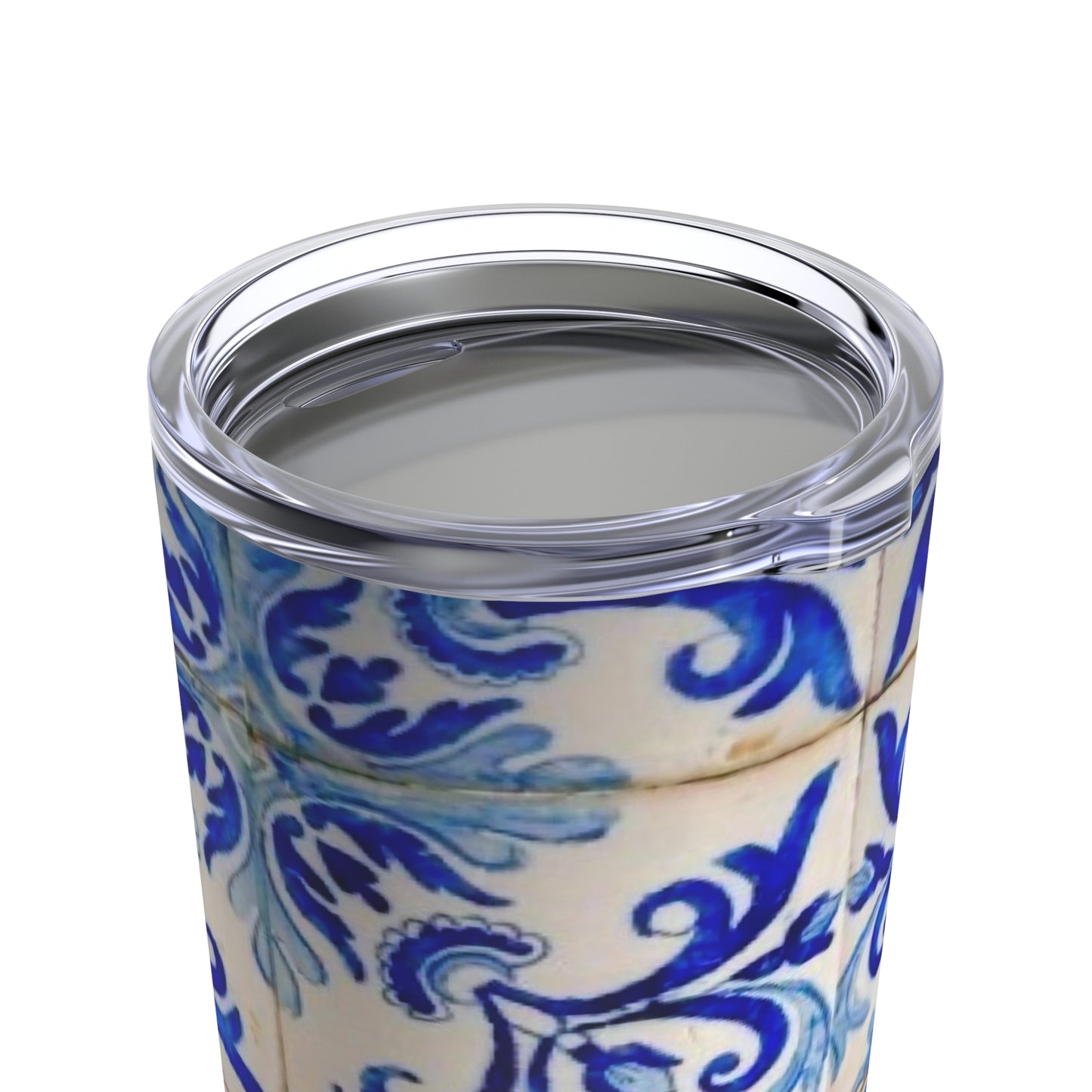 Blue and White Floral European Antique Aged Tile Hot Cold Water Beverage Travel Tumbler 20oz