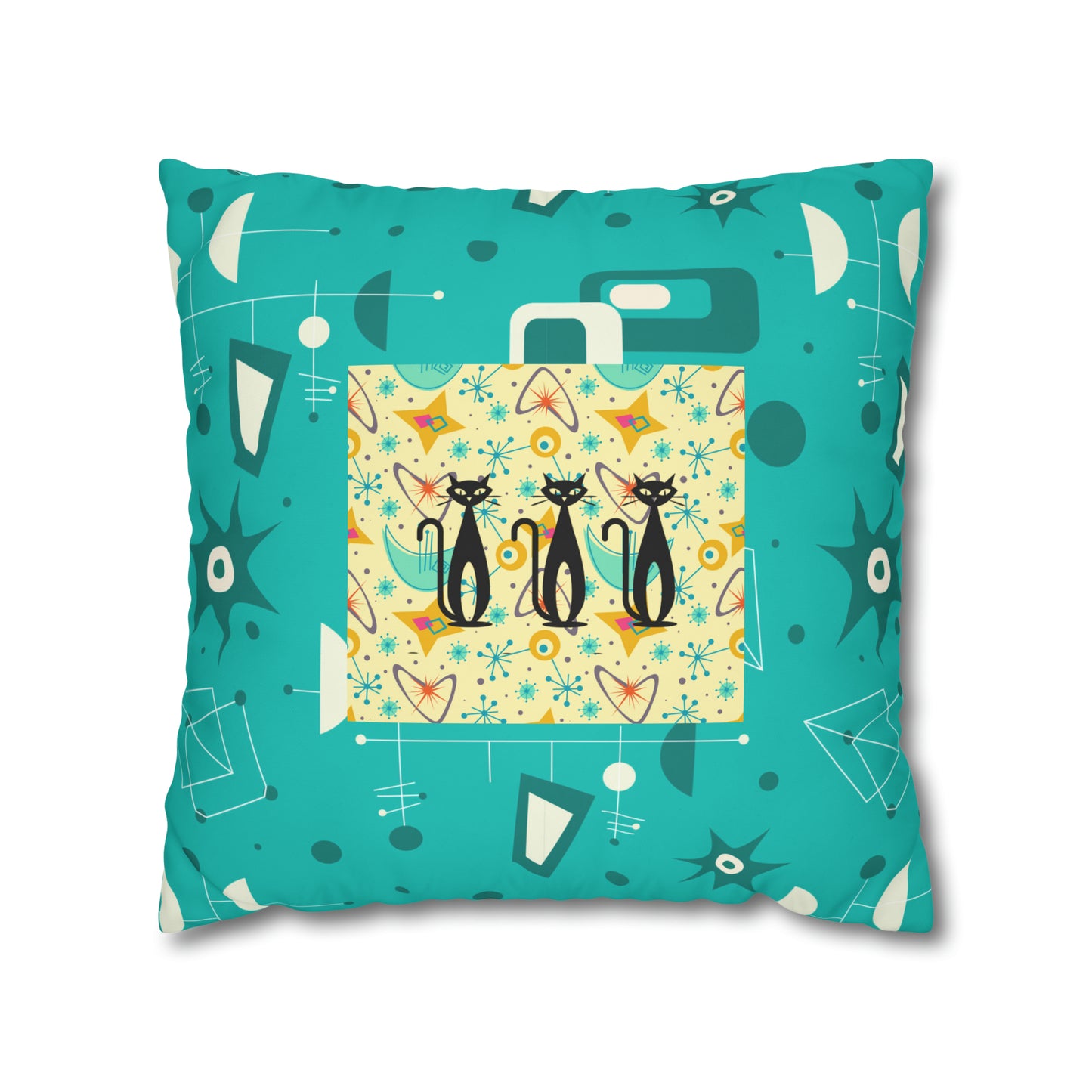 Triple Kitties Midcentury Modern Aqua Children Nursery Playroom Square Poly Canvas Pillow Cover