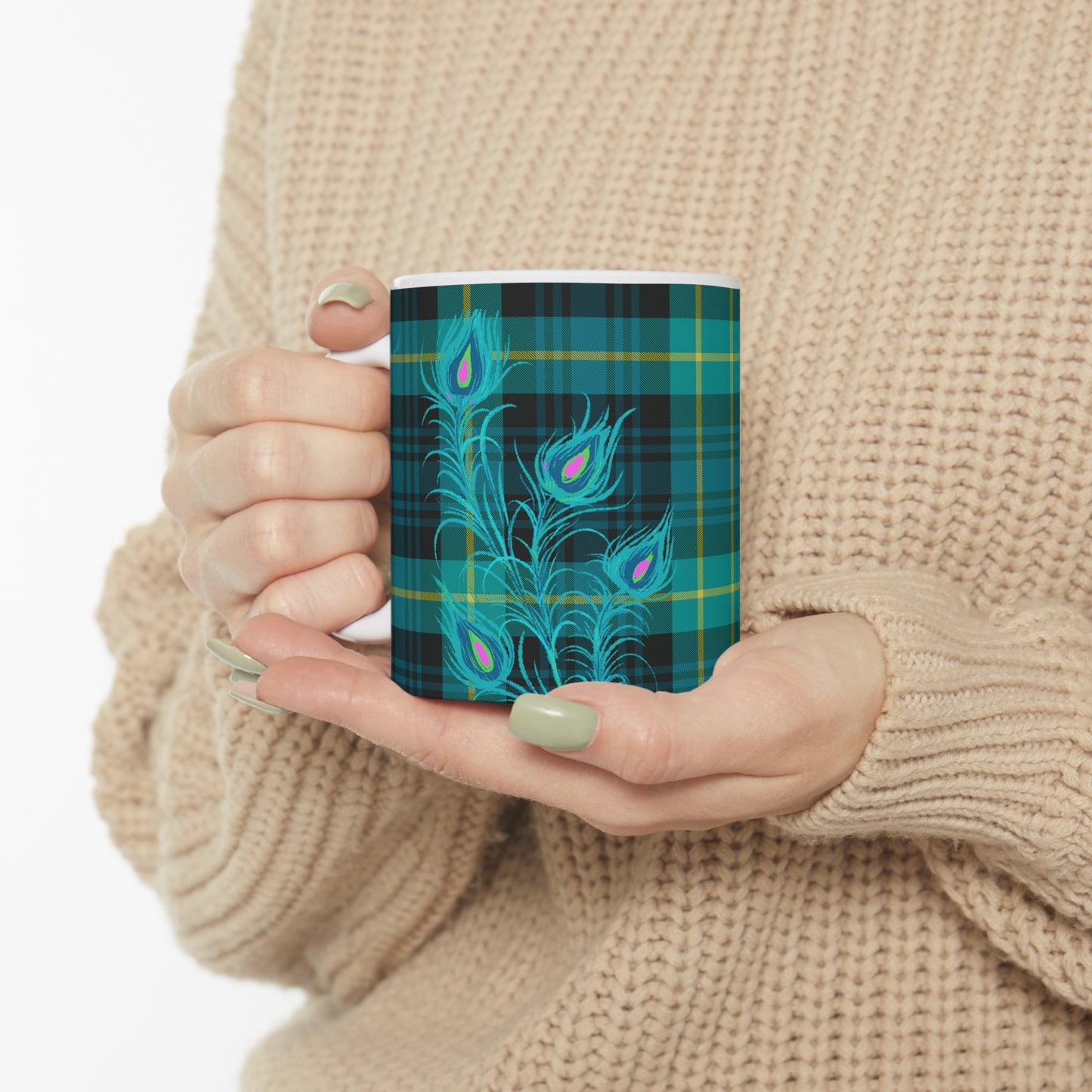 Tartan Plaid Peacock Feather Hot Beverage Coffee Tea Ceramic Mug 11oz