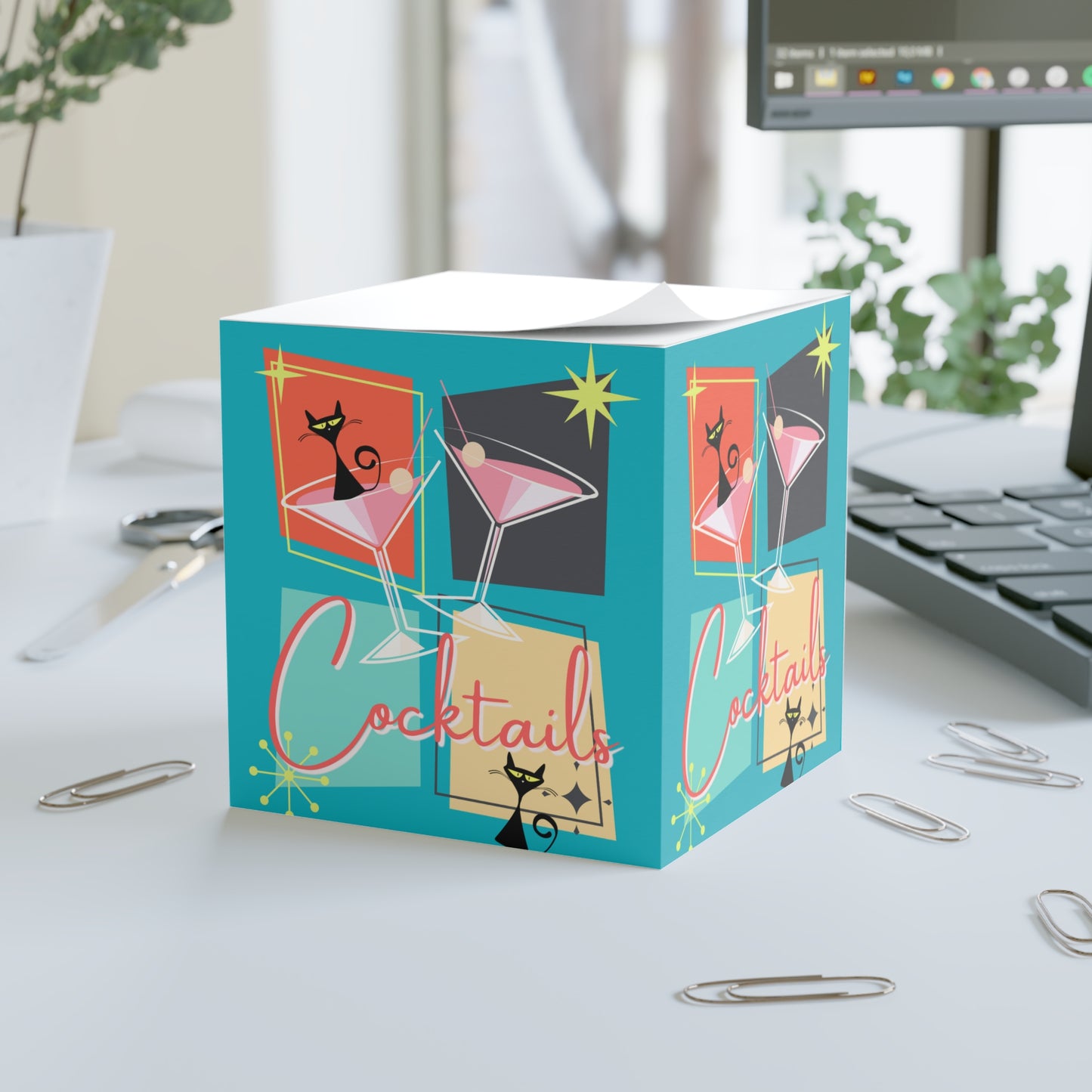 Cats and Martinis Midcentury Modern Atomic Black Cat Cocktail Party Paper Note Cube